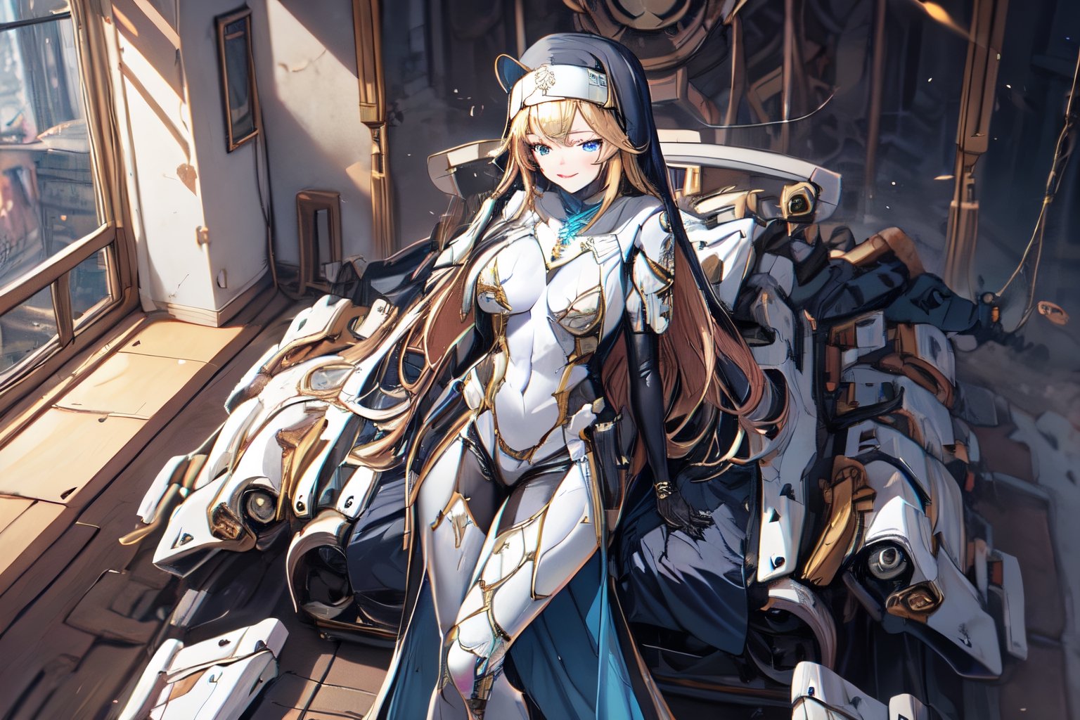 1 girl, Nun hat, long bread blond hair, blue eyes, smile, white ligerie, black armor gloves, white panty, church room, outside, white armor boot, lie down on bed, 8k, high res, , 2 hands, bare leg, bare, nun garb, chest, big chest, breasts_exposed, exposed_pussy, bare_foot 
