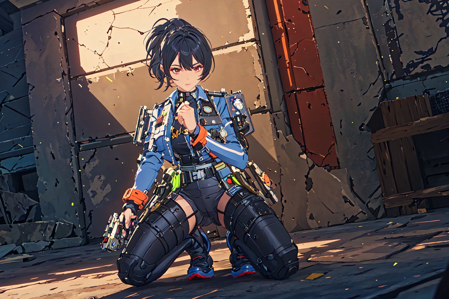 1girl, Policewoman, Zhu Yuan, Red Eyes, Ponytail Black Hair, Red Hair Strip, Hair Accessory , Blue Jacket , White Shirt, Black Rubber suit, Skinsuit, Black Leg , Shoulder Armor ,Blue Shoe, Sexy Pose, Black glove , Good Detail Hand Expresionless Face , on one knee, battle ready stace, behind the cover, lift the gun ,massive sky building in the background , Sunset Time, ((Best quality)), ((masterpiece)), 3D, HDR (High Dynamic Range),Ray Tracing, NVIDIA RTX, Super-Resolution, Unreal 5,Subsurface scattering, PBR Texturing, Post-processing, Anisotropic Filtering, Depth-of-field, Maximum clarity and sharpness, Multi-layered textures, Albedo and Specular maps, Surface shading, Accurate simulation of light-material interaction, Perfect proportions, Octane Render, Two-tone lighting, Wide aperture, Low ISO, White balance, Rule of thirds,8K RAW, Aura, masterpiece, best quality, Mysterious expression, magical effects like sparkles or energy, flowing robes or enchanting attire, mechanic creatures or mystical background, rim lighting, side lighting, cinematic light, ultra high res, 8k uhd, film grain, best shadow, delicate, RAW, light particles, detailed skin texture, detailed cloth texture, beautiful face, (masterpiece), best quality, expressive eyes, perfect face,