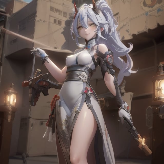 an alone mature girl with long red color slice gray hair , yellow eye, standing, china city , night time, High detail mature face, 2 short mechanic horn , iron mask, bare leg, bare shoulder, white china dress, white glove, black boot, high res, ultra sharp, 8k, masterpiece, smiling, weapon, fantasy world, magical radiance background ((Best quality)), ((masterpiece)), 3D, HDR (High Dynamic Range),Ray Tracing, NVIDIA RTX, Super-Resolution, Unreal 5,Subsurface scattering, PBR Texturing, Post-processing, Anisotropic Filtering, Depth-of-field, Maximum clarity and sharpness, Multi-layered textures, Albedo and Specular maps, Surface shading, Accurate simulation of light-material interaction, Perfect proportions, Octane Render, Two-tone lighting, Wide aperture, Low ISO, White balance, Rule of thirds,8K RAW, Aura, masterpiece, best quality, Mysterious expression, magical effects like sparkles or energy, flowing robes or enchanting attire, mechanic creatures or mystical background, rim lighting, side lighting, cinematic light, ultra high res, 8k uhd, film grain, best shadow, delicate, RAW, light particles, detailed skin texture, detailed cloth texture, beautiful face, (masterpiece), best quality, expressive eyes, perfect face,mecha musume