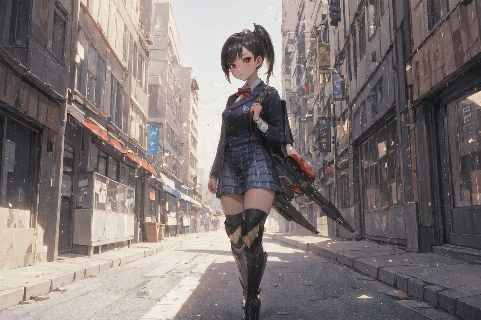 1girl, School Girl, Red Eyes, Short Ponytail black Hair, Red Ribbon, Student Uniform Outfit, Uniform Short Skirt, Kneesock , Black Stocking, Armor Thick Boot , School Bag, Left Leg Bag, Funnel, Remote Weapon, Walking among the crowd, On the Junction Road, Big City, Market, look beyond the sky , massive sky building in the background , Sunset Time, ((Best quality)), ((masterpiece)), 3D, HDR (High Dynamic Range),Ray Tracing, NVIDIA RTX, Super-Resolution, Unreal 5,Subsurface scattering, PBR Texturing, Post-processing, Anisotropic Filtering, Depth-of-field, Maximum clarity and sharpness, Multi-layered textures, Albedo and Specular maps, Surface shading, Accurate simulation of light-material interaction, Perfect proportions, Octane Render, Two-tone lighting, Wide aperture, Low ISO, White balance, Rule of thirds,8K RAW, Aura, masterpiece, best quality, Mysterious expression, magical effects like sparkles or energy, flowing robes or enchanting attire, mechanic creatures or mystical background, rim lighting, side lighting, cinematic light, ultra high res, 8k uhd, film grain, best shadow, delicate, RAW, light particles, detailed skin texture, detailed cloth texture, beautiful face, (masterpiece), best quality, expressive eyes, perfect face,