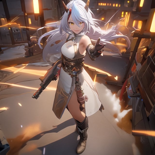 an alone girl with long red color slice gray hair , yellow eye, standing, china city , night time, High detail mature face, 2 short mechanic horn , iron mask, bare leg, bare shoulder, white china dress, white glove, black boot, high res, ultra sharp, 8k, masterpiece, smiling, assault rifle on the girl side, fantasy world, magical radiance background ((Best quality)), ((masterpiece)), 3D, HDR (High Dynamic Range),Ray Tracing, NVIDIA RTX, Super-Resolution, Unreal 5,Subsurface scattering, PBR Texturing, Post-processing, Anisotropic Filtering, Depth-of-field, Maximum clarity and sharpness, Multi-layered textures, Albedo and Specular maps, Surface shading, Accurate simulation of light-material interaction, Perfect proportions, Octane Render, Two-tone lighting, Wide aperture, Low ISO, White balance, Rule of thirds,8K RAW, Aura, masterpiece, best quality, Mysterious expression, magical effects like sparkles or energy, flowing robes or enchanting attire, mechanic creatures or mystical background, rim lighting, side lighting, cinematic light, ultra high res, 8k uhd, film grain, best shadow, delicate, RAW, light particles, detailed skin texture, detailed cloth texture, beautiful face, (masterpiece), best quality, expressive eyes, perfect face,