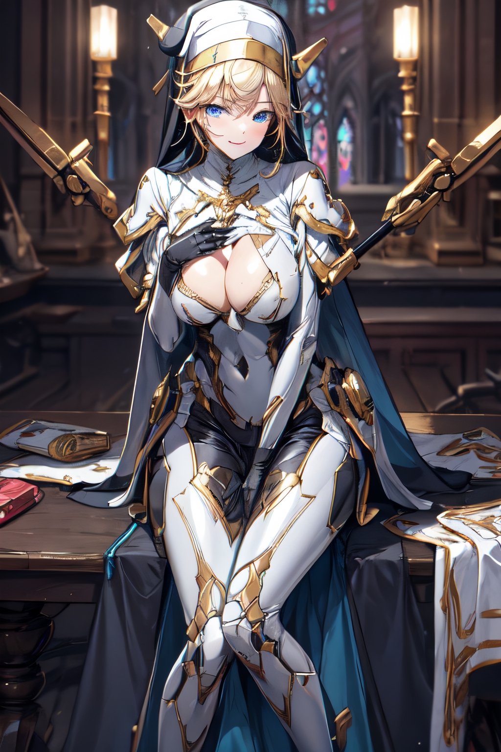 1 girl, Nun hat, long bread blond hair, blue eyes, smile, white ligerie, black armor gloves, white panty, church room, outside, white armor boot, lie down on table, 8k, high res, , 2 hands, bare leg, bare, nun garb, chest, big chest, big breast, holy staff