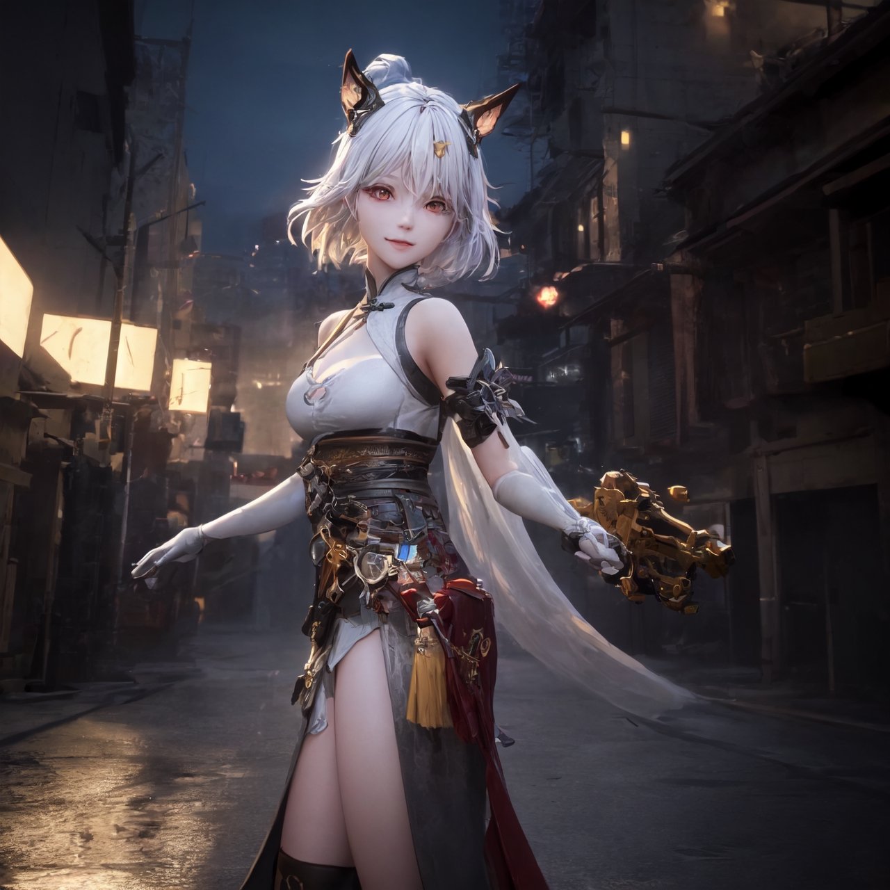 an alone mature girl, long red slice gray hair style, yellow eye, standing, china city, night time, high detail mature face, headgear,bare shoulder, china dress, white glove, black boot, black stocking, high res, ultra sharp, 8k, masterpiece, smiling, weapon, fantasy world, magical radiance background ((Best quality)), ((masterpiece)), 3D, HDR (High Dynamic Range),Ray Tracing, NVIDIA RTX, Super-Resolution, Unreal 5,Subsurface scattering, PBR Texturing, Post-processing, Anisotropic Filtering, Depth-of-field, Maximum clarity and sharpness, Multi-layered textures, Albedo and Specular maps, Surface shading, Accurate simulation of light-material interaction, Perfect proportions, Octane Render, Two-tone lighting, Wide aperture, Low ISO, White balance, Rule of thirds,8K RAW, Aura, masterpiece, best quality, Mysterious expression, magical effects like sparkles or energy, flowing robes or enchanting attire, mechanic creatures or mystical background, rim lighting, side lighting, cinematic light, ultra high res, 8k uhd, film grain, best shadow, delicate, RAW, light particles, detailed skin texture, detailed cloth texture, beautiful face, (masterpiece), best quality, expressive eyes, perfect face,1 girl