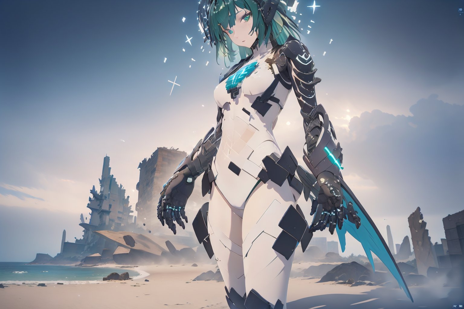 Ymir, 1girl, giant girl tall as building , Dark Green Hair, Long Tied Hairstyle, Green Eyes, Dark Headgear cover half-face, black shoulder armor, black arm , White skinsuit, Black leg armor , Exo Suit, Extra Separated Big Robot Arm on both Size, sit down on the sand beach , split leg, cowboy shot ,full view of body, beach side, near sea , wreck of countless building, sky high building in the background, ((Best quality)), ((masterpiece)), 3D, HDR (High Dynamic Range),Ray Tracing, NVIDIA RTX, Super-Resolution, Unreal 5,Subsurface scattering, PBR Texturing, Post-processing, Anisotropic Filtering, Depth-of-field, Maximum clarity and sharpness, Multi-layered textures, Albedo and Specular maps, Surface shading, Accurate simulation of light-material interaction, Perfect proportions, Octane Render, Two-tone lighting, Wide aperture, Low ISO, White balance, Rule of thirds,8K RAW, Aura, masterpiece, best quality, Mysterious expression, magical effects like sparkles or energy, flowing robes or enchanting attire, mechanic creatures or mystical background, rim lighting, side lighting, cinematic light, ultra high res, 8k uhd, film grain, best shadow, delicate, RAW, light particles, detailed skin texture, detailed cloth texture, beautiful face, (masterpiece), best quality, expressive eyes, perfect face,Meilin,Seo Jiwoo,firefly \(honkai: star rail\)