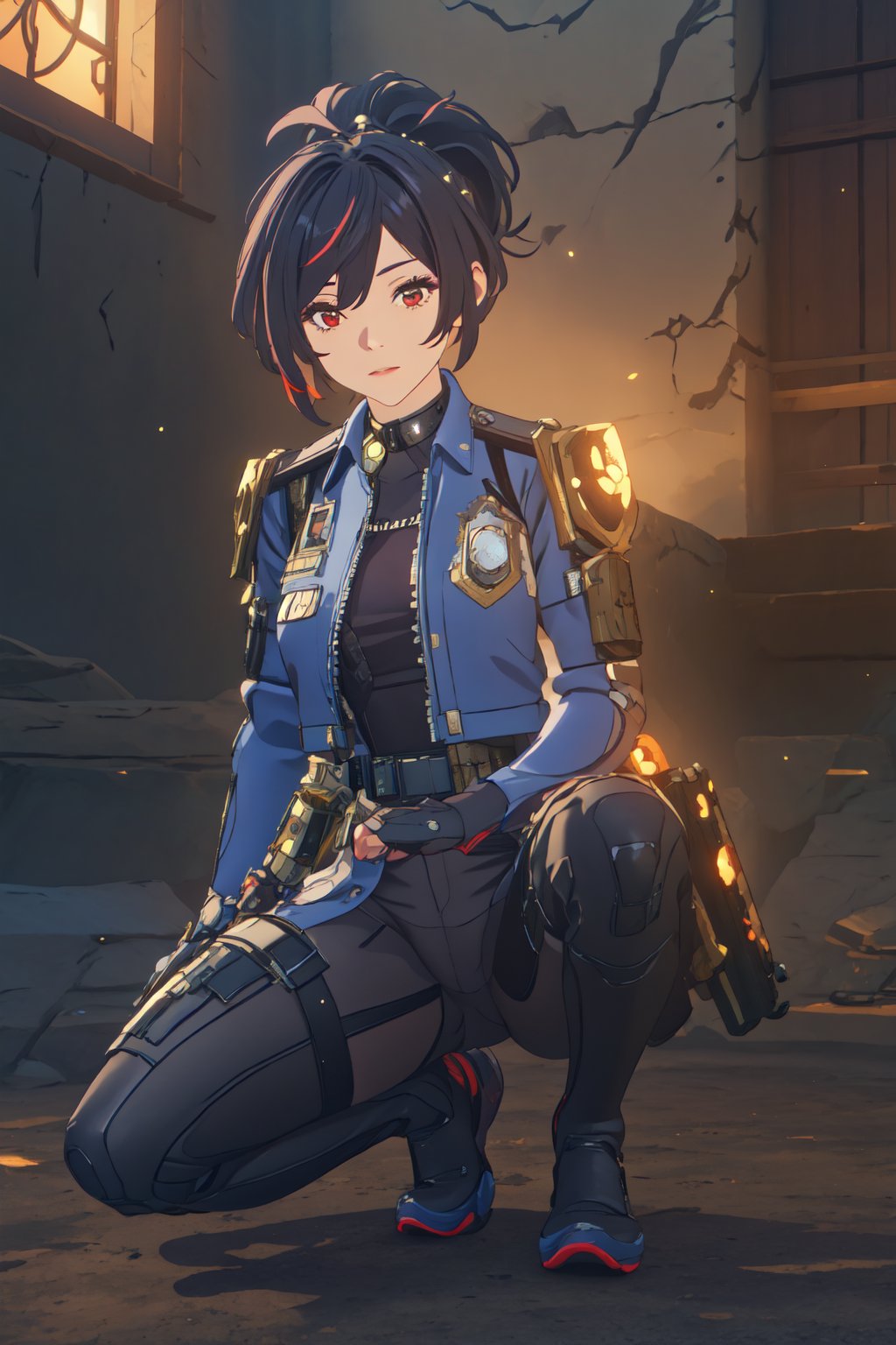 1girl, Policewoman, Zhu Yuan, Red Eyes, Ponytail Black Hair, Red Hair Strip, Hair Accessory , Blue Jacket , White Shirt, Black Rubber suit, Skinsuit, Black Leg , Shoulder Armor ,Blue Shoe, Sexy Pose, Black glove , Good Detail Hand Expresionless Face , on one knee, battle ready stace, behind the cover, lift the gun ,massive sky building in the background , Sunset Time, ((Best quality)), ((masterpiece)), 3D, HDR (High Dynamic Range),Ray Tracing, NVIDIA RTX, Super-Resolution, Unreal 5,Subsurface scattering, PBR Texturing, Post-processing, Anisotropic Filtering, Depth-of-field, Maximum clarity and sharpness, Multi-layered textures, Albedo and Specular maps, Surface shading, Accurate simulation of light-material interaction, Perfect proportions, Octane Render, Two-tone lighting, Wide aperture, Low ISO, White balance, Rule of thirds,8K RAW, Aura, masterpiece, best quality, Mysterious expression, magical effects like sparkles or energy, flowing robes or enchanting attire, mechanic creatures or mystical background, rim lighting, side lighting, cinematic light, ultra high res, 8k uhd, film grain, best shadow, delicate, RAW, light particles, detailed skin texture, detailed cloth texture, beautiful face, (masterpiece), best quality, expressive eyes, perfect face,