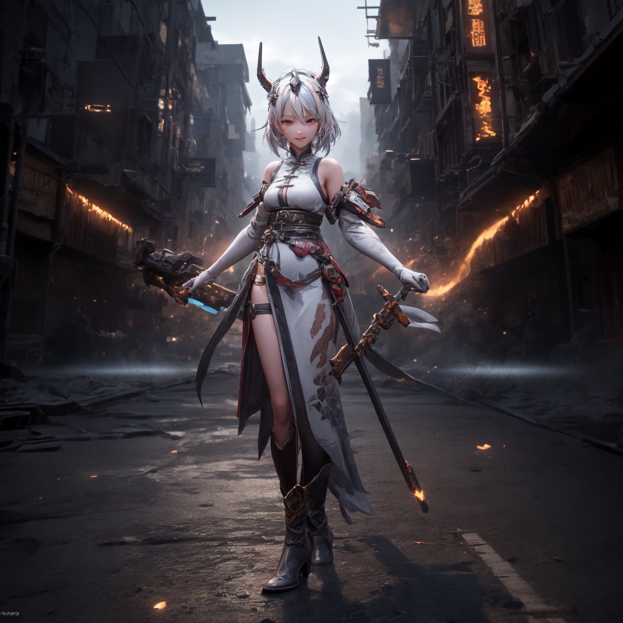 an alone mature girl, long red slice gray hair style, yellow eye, standing, china city, night time, high detail mature face, headgear,bare shoulder, china dress, white glove, black boot, black stocking, high res, ultra sharp, 8k, masterpiece, smiling, weapon, fantasy world, magical radiance background ((Best quality)), ((masterpiece)), 3D, HDR (High Dynamic Range),Ray Tracing, NVIDIA RTX, Super-Resolution, Unreal 5,Subsurface scattering, PBR Texturing, Post-processing, Anisotropic Filtering, Depth-of-field, Maximum clarity and sharpness, Multi-layered textures, Albedo and Specular maps, Surface shading, Accurate simulation of light-material interaction, Perfect proportions, Octane Render, Two-tone lighting, Wide aperture, Low ISO, White balance, Rule of thirds,8K RAW, Aura, masterpiece, best quality, Mysterious expression, magical effects like sparkles or energy, flowing robes or enchanting attire, mechanic creatures or mystical background, rim lighting, side lighting, cinematic light, ultra high res, 8k uhd, film grain, best shadow, delicate, RAW, light particles, detailed skin texture, detailed cloth texture, beautiful face, (masterpiece), best quality, expressive eyes, perfect face,1 girl