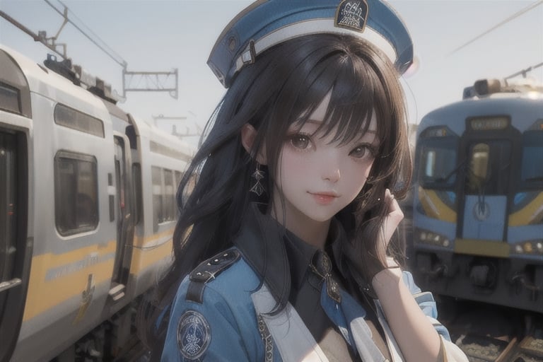 A long loose drak brown Hair style Girl , blue cap, lovely smile, Blue jacket shirt, blue necktie, white shirt, white skirt, Railway, Train Station, ((Best quality)), ((masterpiece)), 3D, HDR (High Dynamic Range),Ray Tracing, NVIDIA RTX, Super-Resolution, Unreal 5,Subsurface scattering, PBR Texturing, Post-processing, Anisotropic Filtering, Depth-of-field, Maximum clarity and sharpness, Multi-layered textures, Albedo and Specular maps, Surface shading, Accurate simulation of light-material interaction, Perfect proportions, Octane Render, Two-tone lighting, Wide aperture, Low ISO, White balance, Rule of thirds,8K RAW, Aura, masterpiece, best quality, Mysterious expression, magical effects like sparkles or energy, flowing robes or enchanting attire, mechanic creatures or mystical background, rim lighting, side lighting, cinematic light, ultra high res, 8k uhd, film grain, best shadow, delicate, RAW, light particles, detailed skin texture, detailed cloth texture, beautiful face, (masterpiece), best quality, expressive eyes, perfect face,Mechanical_tentacles,momo_burlesque,diesel \(nikke\)