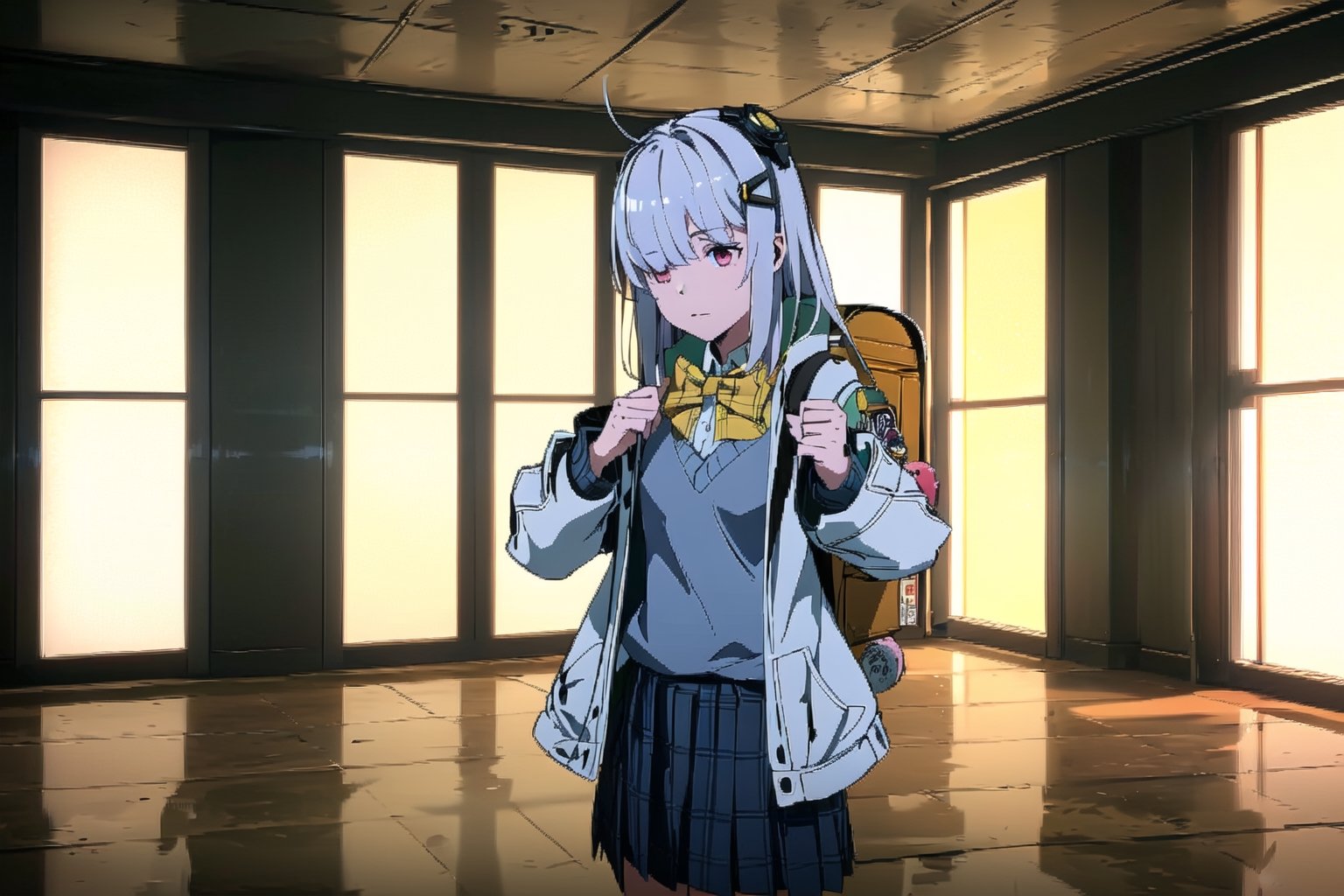 A Girl ,  Silver Hair, Pink Eyes, nikkeadmi , pleated skirt, plaid, hair ornament, sweater vest, white jacket, yellow bowtie, backpack, white socks, Dining Hall , School , City , ((Best quality)), ((masterpiece)), 3D, HDR (High Dynamic Range),Ray Tracing, NVIDIA RTX, Super-Resolution, Unreal 5,Subsurface scattering, PBR Texturing, Post-processing, Anisotropic Filtering, Depth-of-field, Maximum clarity and sharpness, Multi-layered textures, Albedo and Specular maps, Surface shading, Accurate simulation of light-material interaction, Perfect proportions, Octane Render, Two-tone lighting, Wide aperture, Low ISO, White balance, Rule of thirds,8K RAW, Aura, masterpiece, best quality, Mysterious expression, magical effects like sparkles or energy, flowing robes or enchanting attire, mechanic creatures or mystical background, rim lighting, side lighting, cinematic light, ultra high res, 8k uhd, film grain, best shadow, delicate, RAW, light particles, detailed skin texture, detailed cloth texture, beautiful face, (masterpiece), best quality, expressive eyes, perfect face,nikkeredhood,hair over one eye,marian,Scarlet (nikke),hellsparadise style,fuyumi,exiadef,tove,NIKKE GODDESS OF VICTORY, headgear,SnowWonder,momo_burlesque,juliadef,nikkeadmi