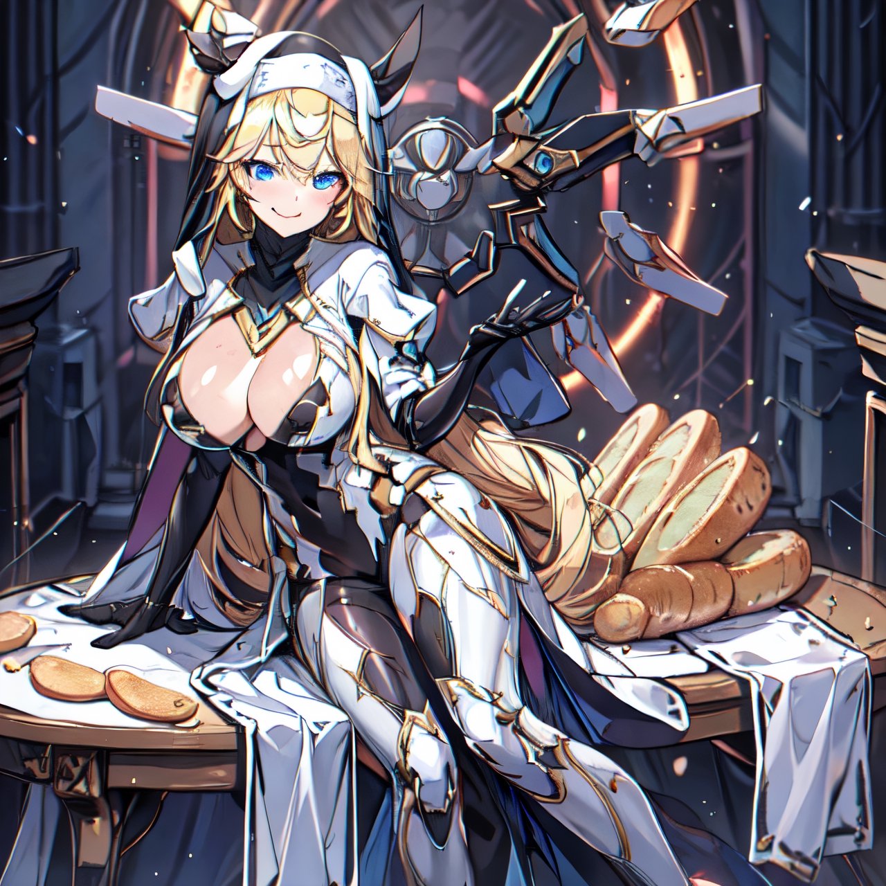 1 girl, Nun hat, long bread blond hair, blue eyes, smile, white ligerie, black armor gloves, white panty, church room, outside, white armor boot, lie down on table, 8k, high res, , 2 hands, bare leg, bare, nun garb, chest, big chest, big breast, 