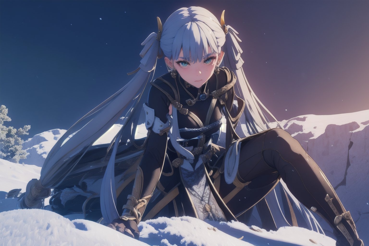 Jinhsi, 1girl, Solo, Long Silver Hair, Twin Tail Hairstyle , White Eyes, Chinese Cloth, Blushing, lie down on the snow, Cow Boy Shot, split leg, Cold wind effect, old city zone, snow season, battle field, ((Best quality)), ((masterpiece)), 3D, HDR (High Dynamic Range),Ray Tracing, NVIDIA RTX, Super-Resolution, Unreal 5,Subsurface scattering, PBR Texturing, Post-processing, Anisotropic Filtering, Depth-of-field, Maximum clarity and sharpness, Multi-layered textures, Albedo and Specular maps, Surface shading, Accurate simulation of light-material interaction, Perfect proportions, Octane Render, Two-tone lighting, Wide aperture, Low ISO, White balance, Rule of thirds,8K RAW, Aura, masterpiece, best quality, Mysterious expression, magical effects like sparkles or energy, flowing robes or enchanting attire, mechanic creatures or mystical background, rim lighting, side lighting, cinematic light, ultra high res, 8k uhd, film grain, best shadow, delicate, RAW, light particles, detailed skin texture, detailed cloth texture, beautiful face, (masterpiece), best quality, expressive eyes, perfect face,