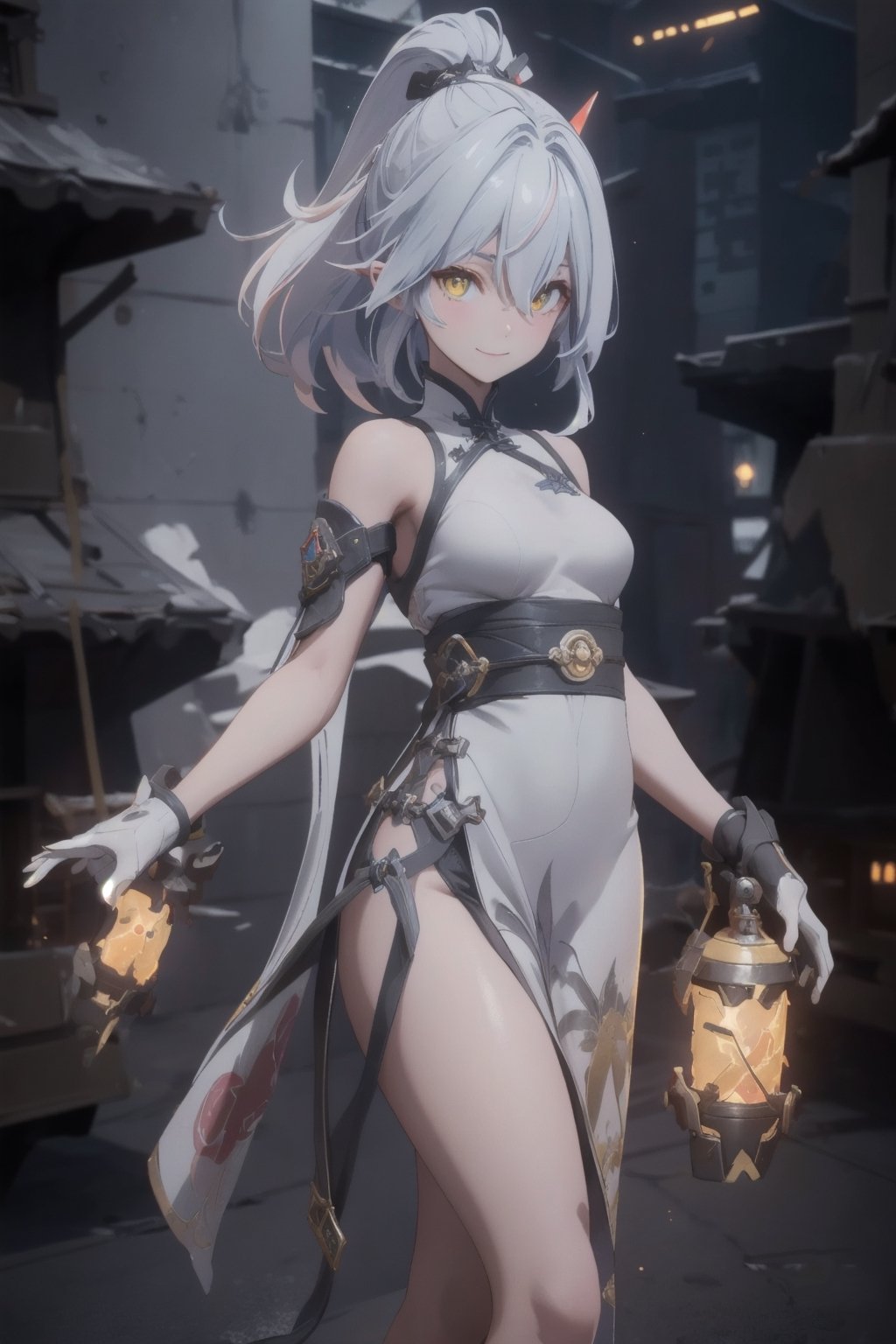 an alone mature girl with long red color slice gray hair , yellow eye, standing, china city , night time, High detail mature face, bare leg, bare shoulder, white china dress, white glove, black boot, high res, ultra sharp, 8k, masterpiece, smiling, weapon, fantasy world, magical radiance background ((Best quality)), ((masterpiece)), 3D, HDR (High Dynamic Range),Ray Tracing, NVIDIA RTX, Super-Resolution, Unreal 5,Subsurface scattering, PBR Texturing, Post-processing, Anisotropic Filtering, Depth-of-field, Maximum clarity and sharpness, Multi-layered textures, Albedo and Specular maps, Surface shading, Accurate simulation of light-material interaction, Perfect proportions, Octane Render, Two-tone lighting, Wide aperture, Low ISO, White balance, Rule of thirds,8K RAW, Aura, masterpiece, best quality, Mysterious expression, magical effects like sparkles or energy, flowing robes or enchanting attire, mechanic creatures or mystical background, rim lighting, side lighting, cinematic light, ultra high res, 8k uhd, film grain, best shadow, delicate, RAW, light particles, detailed skin texture, detailed cloth texture, beautiful face, (masterpiece), best quality, expressive eyes, perfect face,mecha musume