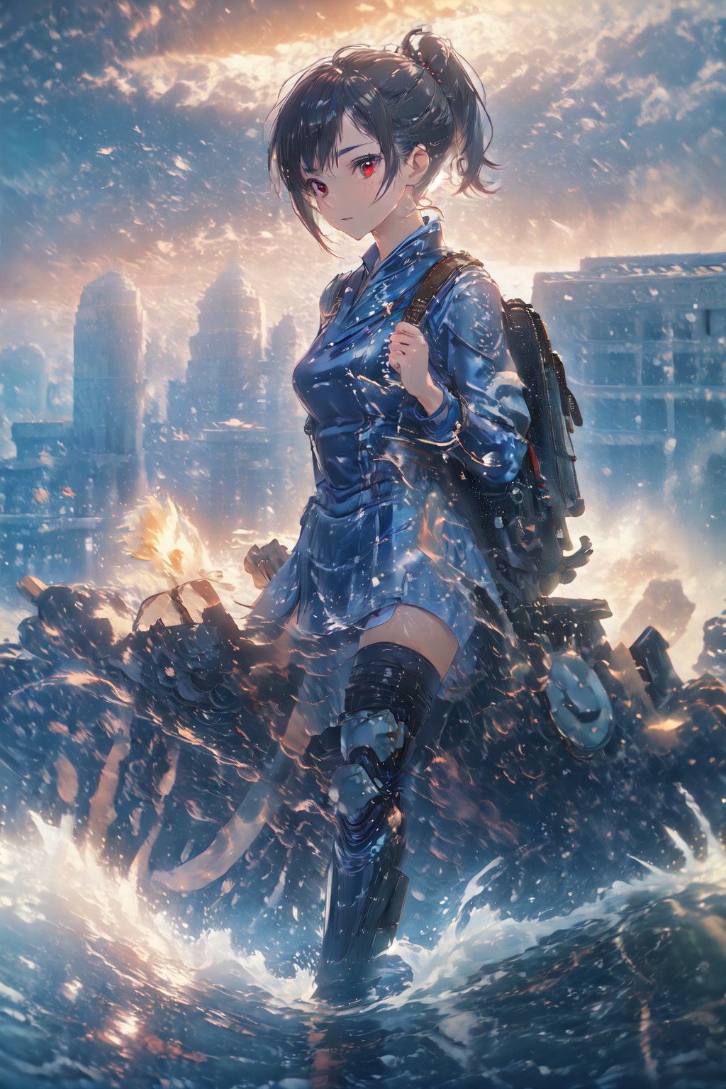 1girl, School Girl, Red Eyes, Short Ponytail black Hair, Red Ribbon, Student Uniform Outfit, Uniform Short Skirt, Kneesock , Black Stocking, Armor Thick Boot , School Bag, Left Leg Bag, Funnel, Remote Weapon, Sit on the water tank on the roof top of building, look beyond the sky , massive sky building in the background , Sunset Time, ((Best quality)), ((masterpiece)), 3D, HDR (High Dynamic Range),Ray Tracing, NVIDIA RTX, Super-Resolution, Unreal 5,Subsurface scattering, PBR Texturing, Post-processing, Anisotropic Filtering, Depth-of-field, Maximum clarity and sharpness, Multi-layered textures, Albedo and Specular maps, Surface shading, Accurate simulation of light-material interaction, Perfect proportions, Octane Render, Two-tone lighting, Wide aperture, Low ISO, White balance, Rule of thirds,8K RAW, Aura, masterpiece, best quality, Mysterious expression, magical effects like sparkles or energy, flowing robes or enchanting attire, mechanic creatures or mystical background, rim lighting, side lighting, cinematic light, ultra high res, 8k uhd, film grain, best shadow, delicate, RAW, light particles, detailed skin texture, detailed cloth texture, beautiful face, (masterpiece), best quality, expressive eyes, perfect face,