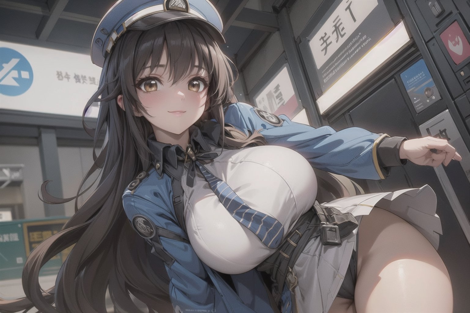 A mature waist long loose drak brown Hair style Girl with heavy machine gun , lovely smile, straw berry loli pop, blue cap, Blue jacket shirt, blue necktie, white shirt, white skirt, white panty, Heavy Gun, Railway, Train Station, ((Best quality)), ((masterpiece)), 3D, HDR (High Dynamic Range),Ray Tracing, NVIDIA RTX, Super-Resolution, Unreal 5,Subsurface scattering, PBR Texturing, Post-processing, Anisotropic Filtering, Depth-of-field, Maximum clarity and sharpness, Multi-layered textures, Albedo and Specular maps, Surface shading, Accurate simulation of light-material interaction, Perfect proportions, Octane Render, Two-tone lighting, Wide aperture, Low ISO, White balance, Rule of thirds,8K RAW, Aura, masterpiece, best quality, Mysterious expression, magical effects like sparkles or energy, flowing robes or enchanting attire, mechanic creatures or mystical background, rim lighting, side lighting, cinematic light, ultra high res, 8k uhd, film grain, best shadow, delicate, RAW, light particles, detailed skin texture, detailed cloth texture, beautiful face, (masterpiece), best quality, expressive eyes, perfect face,Mechanical_tentacles,momo_burlesque,diesel \(nikke\)