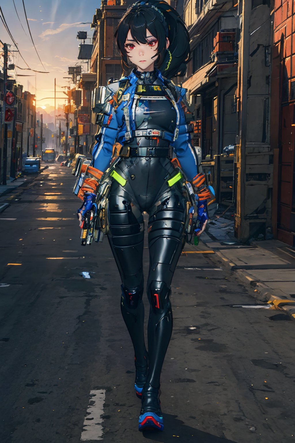 1girl, Policewoman, Zhu Yuan, Red Eyes, Ponytail Black Hair, Red Hair Strip, Hair Accessory , Blue Jacket , White Shirt, Black Rubber suit, Skinsuit, Black Leg , Shoulder Armor ,Blue Shoe, Pistol, Sexy Pose, Expresionless Face , Walking on the road, Patrol in the City, massive sky building in the background , Sunset Time, ((Best quality)), ((masterpiece)), 3D, HDR (High Dynamic Range),Ray Tracing, NVIDIA RTX, Super-Resolution, Unreal 5,Subsurface scattering, PBR Texturing, Post-processing, Anisotropic Filtering, Depth-of-field, Maximum clarity and sharpness, Multi-layered textures, Albedo and Specular maps, Surface shading, Accurate simulation of light-material interaction, Perfect proportions, Octane Render, Two-tone lighting, Wide aperture, Low ISO, White balance, Rule of thirds,8K RAW, Aura, masterpiece, best quality, Mysterious expression, magical effects like sparkles or energy, flowing robes or enchanting attire, mechanic creatures or mystical background, rim lighting, side lighting, cinematic light, ultra high res, 8k uhd, film grain, best shadow, delicate, RAW, light particles, detailed skin texture, detailed cloth texture, beautiful face, (masterpiece), best quality, expressive eyes, perfect face,