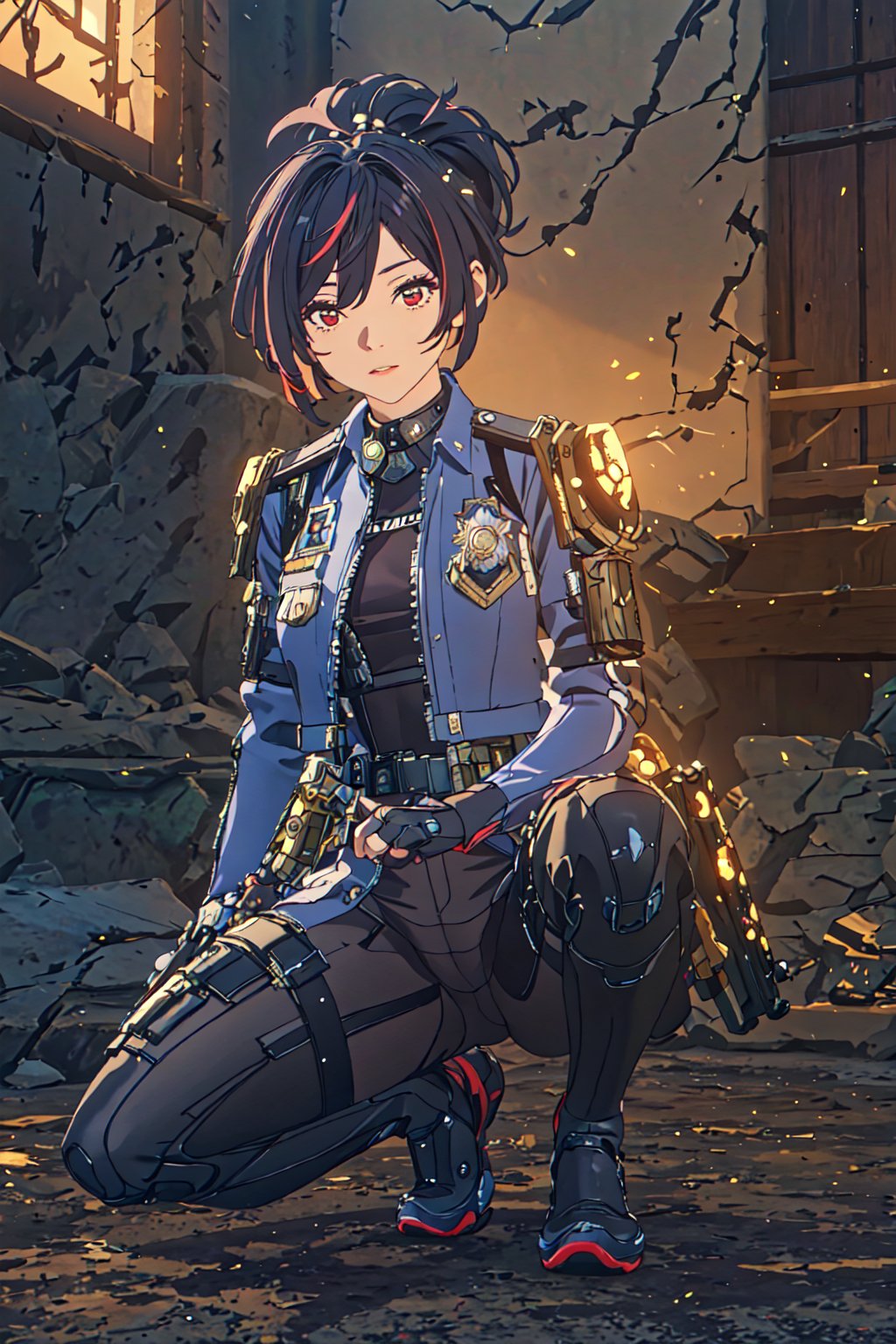 1girl, Policewoman, Zhu Yuan, Red Eyes, Ponytail Black Hair, Red Hair Strip, Hair Accessory , Blue Jacket , White Shirt, Black Rubber suit, Skinsuit, Black Leg , Shoulder Armor ,Blue Shoe, Sexy Pose, Black glove , Good Detail Hand Expresionless Face , on one knee, battle ready stace, behind the cover, lift the gun ,massive sky building in the background , Sunset Time, ((Best quality)), ((masterpiece)), 3D, HDR (High Dynamic Range),Ray Tracing, NVIDIA RTX, Super-Resolution, Unreal 5,Subsurface scattering, PBR Texturing, Post-processing, Anisotropic Filtering, Depth-of-field, Maximum clarity and sharpness, Multi-layered textures, Albedo and Specular maps, Surface shading, Accurate simulation of light-material interaction, Perfect proportions, Octane Render, Two-tone lighting, Wide aperture, Low ISO, White balance, Rule of thirds,8K RAW, Aura, masterpiece, best quality, Mysterious expression, magical effects like sparkles or energy, flowing robes or enchanting attire, mechanic creatures or mystical background, rim lighting, side lighting, cinematic light, ultra high res, 8k uhd, film grain, best shadow, delicate, RAW, light particles, detailed skin texture, detailed cloth texture, beautiful face, (masterpiece), best quality, expressive eyes, perfect face,