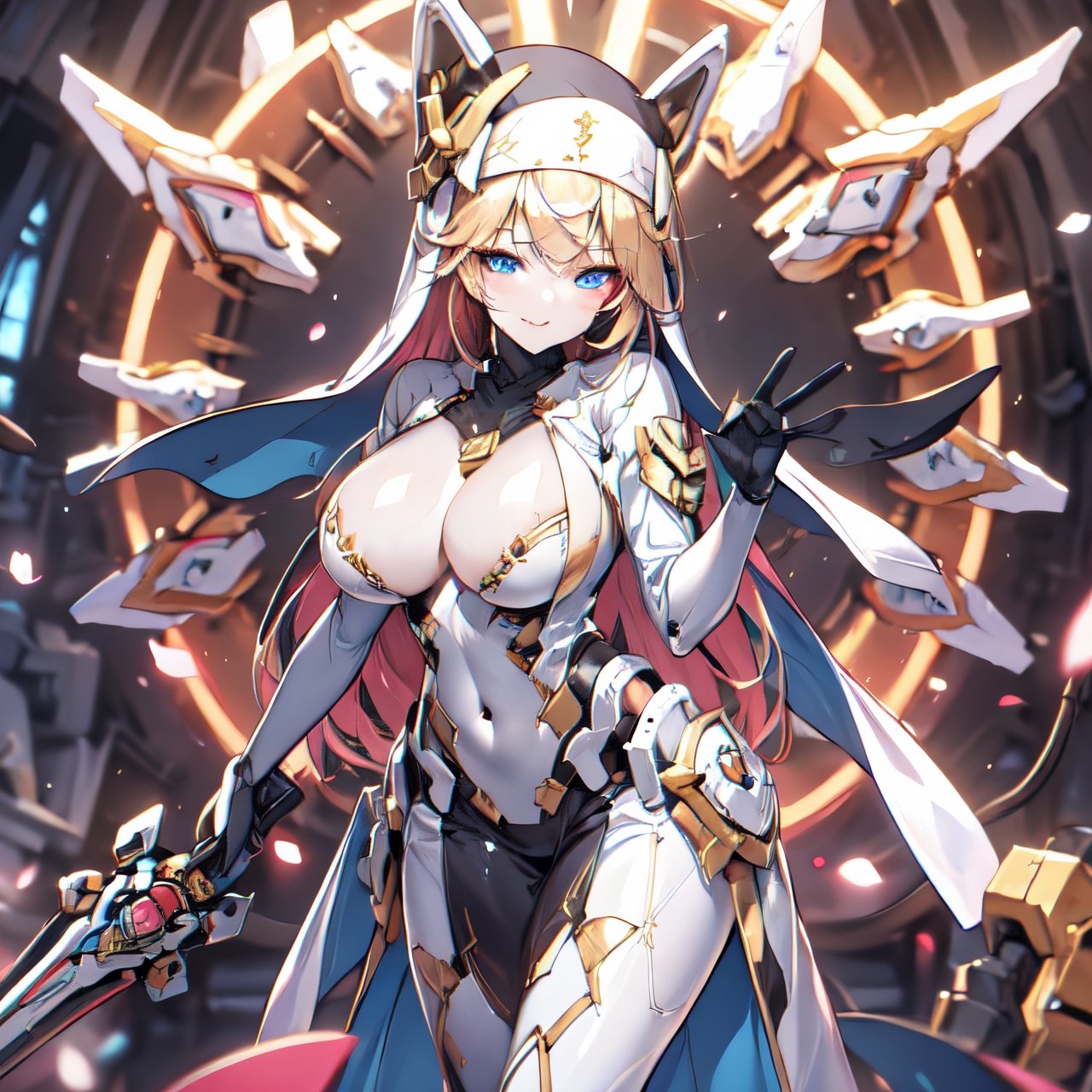 1 girl, Nun hat, long bread blond hair, blue eyes, smile, white ligerie, black armor gloves, white panty, church room, outside, white armor boot, standing, casting a spell, using a staff, 8k, high res, , 2 hands, bare leg, bare, nun garb, chest, big chest, big breast, 