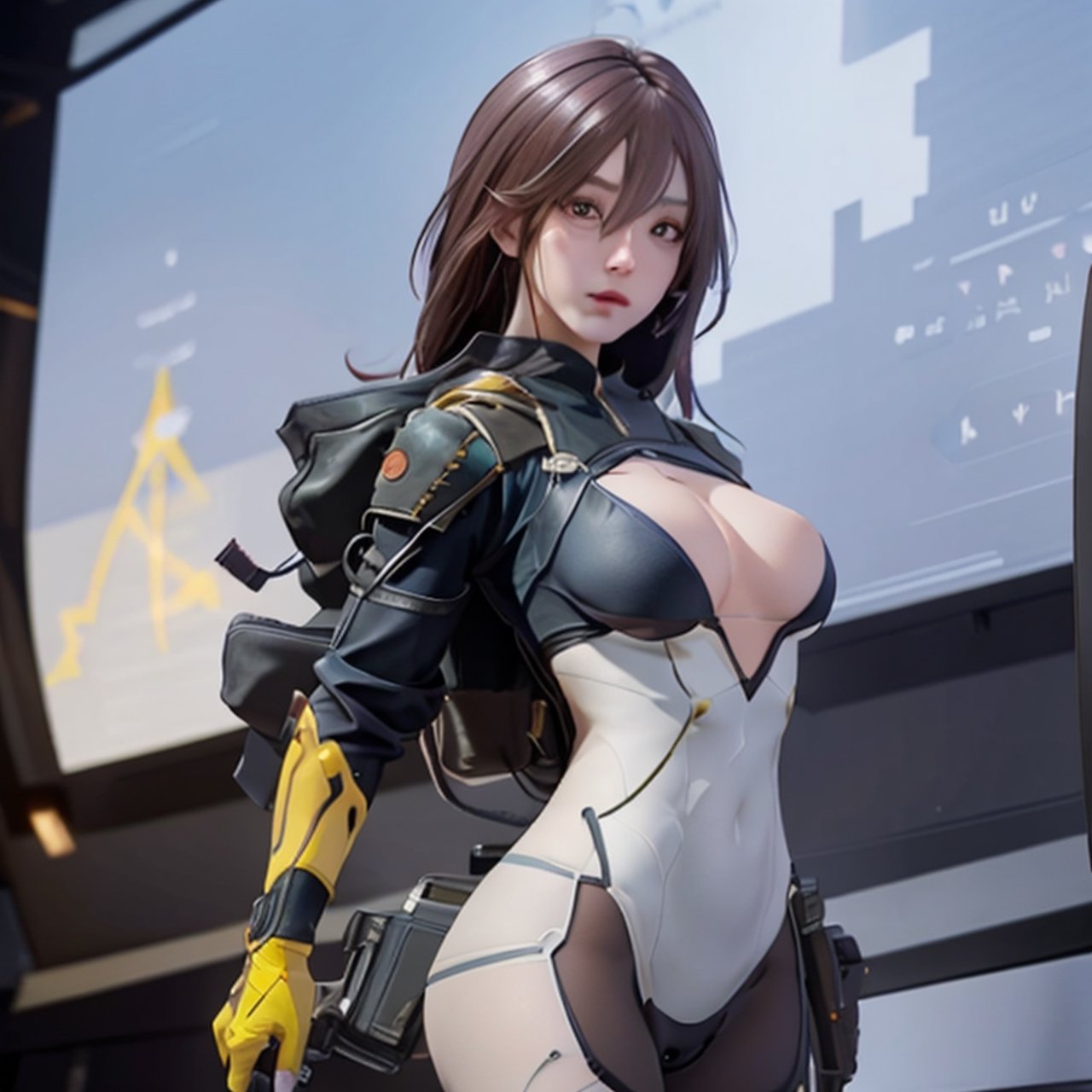 A lone mature girl, Waist long light brownr hair, , Gold eyes, yellow eyes, Beautiful face, masterpiece, best quality, expressive eyes, perfect face,clear headgear, Short sword, , white rubber skin tight suit, yellow glove, full leg white stocking, exposed chest, ((masterpiece)), 3D, HDR (High Dynamic Range),Ray Tracing, NVIDIA RTX, Super-Resolution, Unreal 5,Subsurface scattering, PBR Texturing, Post-processing, Anisotropic Filtering, Depth-of-field, Maximum clarity and sharpness, Multi-layered textures, Albedo and Specular maps, Surface shading, Accurate simulation of light-material interaction, Perfect proportions, Octane Render, Two-tone lighting, Wide aperture, Low ISO, White balance, Rule of thirds,8K RAW, Aura, masterpiece, best quality, Mysterious expression, magical effects like sparkles or energy, flowing robes or enchanting attire, mechanic creatures or mystical background, rim lighting, side lighting, cinematic light, ultra high res, 8k uhd, film grain, best shadow, delicate, RAW, light particles, detailed skin texture, detailed cloth texture, 