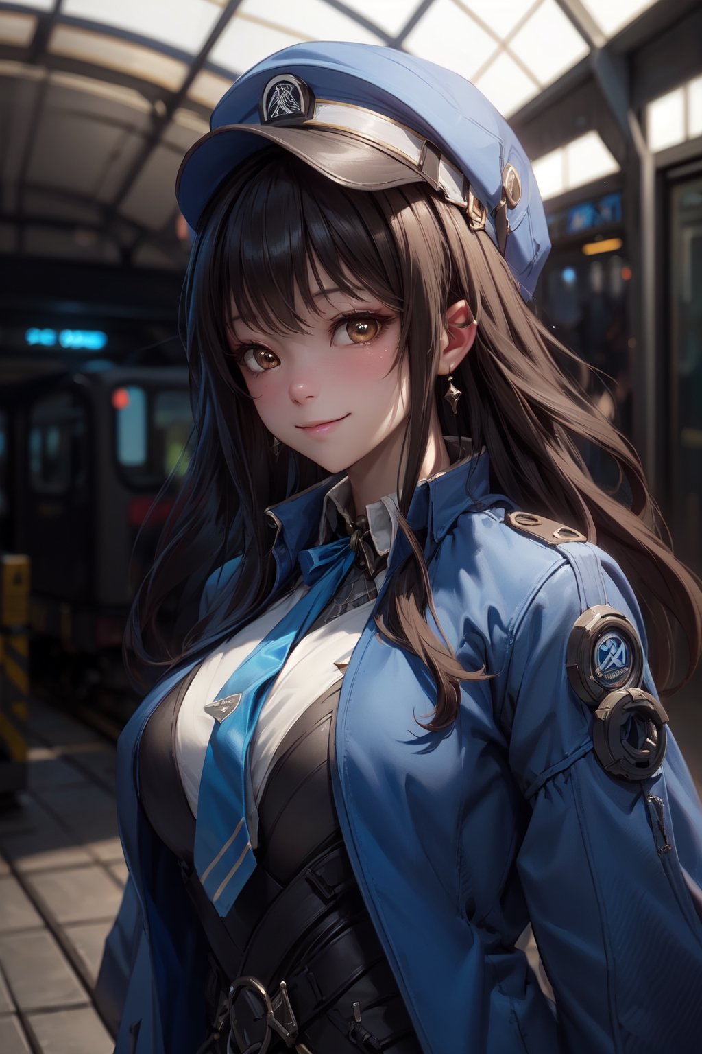 A mature waist long loose drak brown Hair style Girl with heavy machine gun , lovely smile, blue cap, Blue jacket shirt, blue necktie, white shirt, white skirt, Railway, Train Station, ((Best quality)), ((masterpiece)), 3D, HDR (High Dynamic Range),Ray Tracing, NVIDIA RTX, Super-Resolution, Unreal 5,Subsurface scattering, PBR Texturing, Post-processing, Anisotropic Filtering, Depth-of-field, Maximum clarity and sharpness, Multi-layered textures, Albedo and Specular maps, Surface shading, Accurate simulation of light-material interaction, Perfect proportions, Octane Render, Two-tone lighting, Wide aperture, Low ISO, White balance, Rule of thirds,8K RAW, Aura, masterpiece, best quality, Mysterious expression, magical effects like sparkles or energy, flowing robes or enchanting attire, mechanic creatures or mystical background, rim lighting, side lighting, cinematic light, ultra high res, 8k uhd, film grain, best shadow, delicate, RAW, light particles, detailed skin texture, detailed cloth texture, beautiful face, (masterpiece), best quality, expressive eyes, perfect face,Mechanical_tentacles,momo_burlesque,diesel \(nikke\)