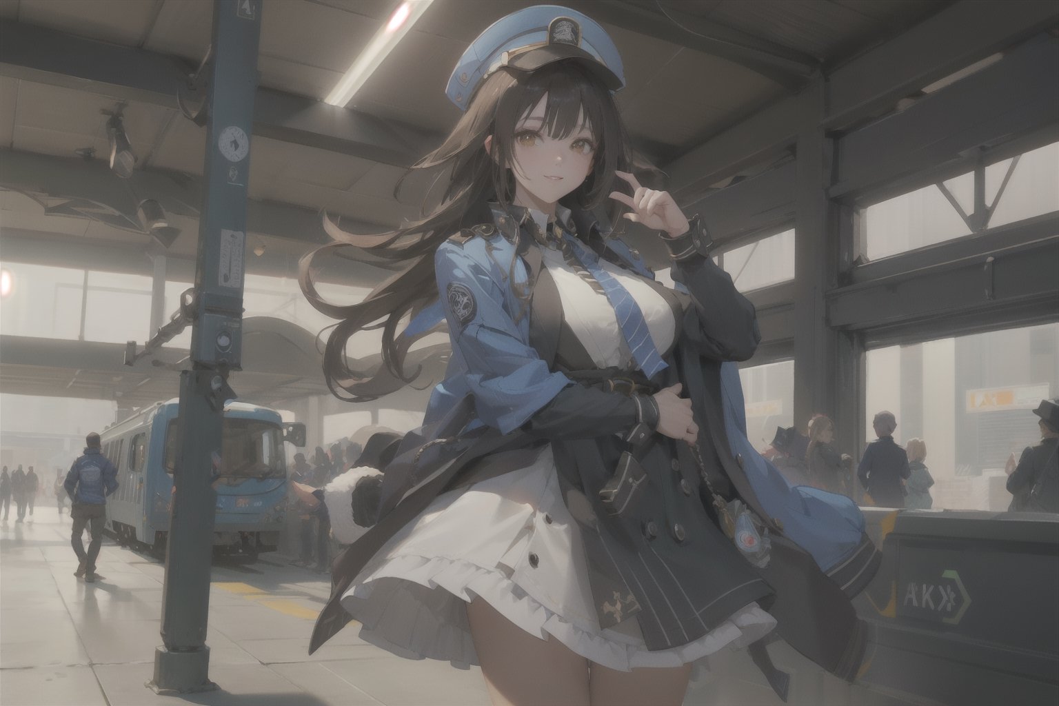 A mature waist long loose drak brown Hair style Girl with heavy machine gun , lovely smile, straw berry loli pop, blue cap, Blue jacket shirt, 5 finger, blue necktie, white shirt, white skirt, white panty, Heavy Gun, Railway, Train Station, ((Best quality)), ((masterpiece)), 3D, HDR (High Dynamic Range),Ray Tracing, NVIDIA RTX, Super-Resolution, Unreal 5,Subsurface scattering, PBR Texturing, Post-processing, Anisotropic Filtering, Depth-of-field, Maximum clarity and sharpness, Multi-layered textures, Albedo and Specular maps, Surface shading, Accurate simulation of light-material interaction, Perfect proportions, Octane Render, Two-tone lighting, Wide aperture, Low ISO, White balance, Rule of thirds,8K RAW, Aura, masterpiece, best quality, Mysterious expression, magical effects like sparkles or energy, flowing robes or enchanting attire, mechanic creatures or mystical background, rim lighting, side lighting, cinematic light, ultra high res, 8k uhd, film grain, best shadow, delicate, RAW, light particles, detailed skin texture, detailed cloth texture, beautiful face, (masterpiece), best quality, expressive eyes, perfect face,Mechanical_tentacles,momo_burlesque,diesel \(nikke\)