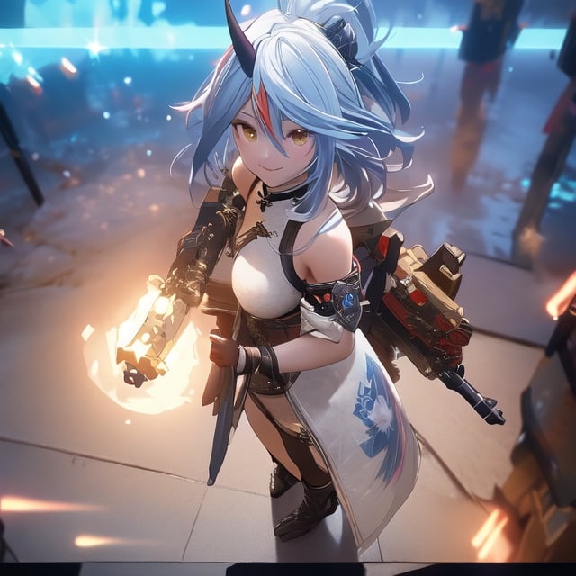 an alone girl with long red color slice gray hair , yellow eye, standing, china city , night time, High detail mature face, 2 short mechanic horn , iron mask, bare leg, bare shoulder, white china dress, white glove, black boot, high res, ultra sharp, 8k, masterpiece, smiling, weapon, fantasy world, magical radiance background ((Best quality)), ((masterpiece)), 3D, HDR (High Dynamic Range),Ray Tracing, NVIDIA RTX, Super-Resolution, Unreal 5,Subsurface scattering, PBR Texturing, Post-processing, Anisotropic Filtering, Depth-of-field, Maximum clarity and sharpness, Multi-layered textures, Albedo and Specular maps, Surface shading, Accurate simulation of light-material interaction, Perfect proportions, Octane Render, Two-tone lighting, Wide aperture, Low ISO, White balance, Rule of thirds,8K RAW, Aura, masterpiece, best quality, Mysterious expression, magical effects like sparkles or energy, flowing robes or enchanting attire, mechanic creatures or mystical background, rim lighting, side lighting, cinematic light, ultra high res, 8k uhd, film grain, best shadow, delicate, RAW, light particles, detailed skin texture, detailed cloth texture, beautiful face, (masterpiece), best quality, expressive eyes, perfect face,