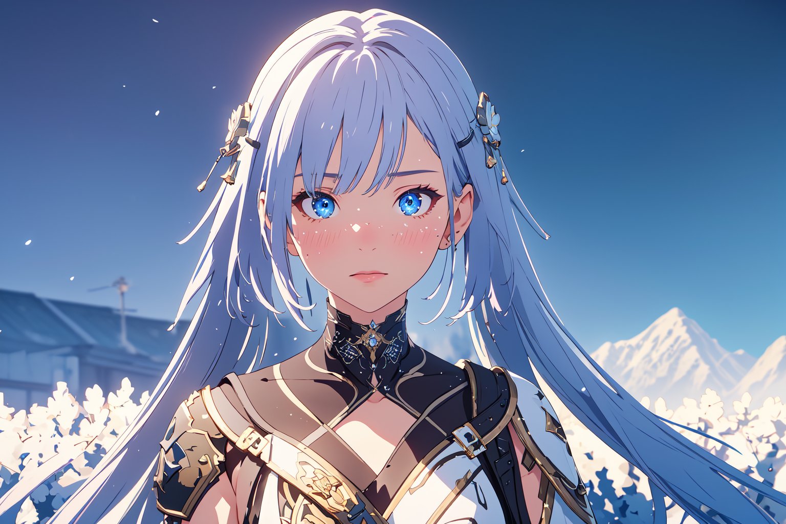 Jinhsi, 1girl, Solo, Long Silver Hair, Twin Tail Hairstyle , White Eyes, White Robe, Black Cloth, White Skirt, Long White boot, Blushing, walking, Cold wind effect, old city zone, snow season, battle field, ((Best quality)), ((masterpiece)), 3D, HDR (High Dynamic Range),Ray Tracing, NVIDIA RTX, Super-Resolution, Unreal 5,Subsurface scattering, PBR Texturing, Post-processing, Anisotropic Filtering, Depth-of-field, Maximum clarity and sharpness, Multi-layered textures, Albedo and Specular maps, Surface shading, Accurate simulation of light-material interaction, Perfect proportions, Octane Render, Two-tone lighting, Wide aperture, Low ISO, White balance, Rule of thirds,8K RAW, Aura, masterpiece, best quality, Mysterious expression, magical effects like sparkles or energy, flowing robes or enchanting attire, mechanic creatures or mystical background, rim lighting, side lighting, cinematic light, ultra high res, 8k uhd, film grain, best shadow, delicate, RAW, light particles, detailed skin texture, detailed cloth texture, beautiful face, (masterpiece), best quality, expressive eyes, perfect face,