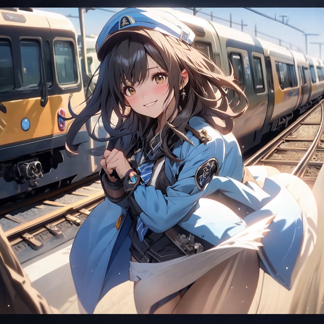 A mature waist long loose drak brown Hair style Girl with heavy machine gun , lovely smile, straw berry loli pop, blue cap, Blue jacket shirt, 5 finger, blue necktie, white shirt, white skirt, white panty, Heavy Gun, Railway, Train Station, ((Best quality)), ((masterpiece)), 3D, HDR (High Dynamic Range),Ray Tracing, NVIDIA RTX, Super-Resolution, Unreal 5,Subsurface scattering, PBR Texturing, Post-processing, Anisotropic Filtering, Depth-of-field, Maximum clarity and sharpness, Multi-layered textures, Albedo and Specular maps, Surface shading, Accurate simulation of light-material interaction, Perfect proportions, Octane Render, Two-tone lighting, Wide aperture, Low ISO, White balance, Rule of thirds,8K RAW, Aura, masterpiece, best quality, Mysterious expression, magical effects like sparkles or energy, flowing robes or enchanting attire, mechanic creatures or mystical background, rim lighting, side lighting, cinematic light, ultra high res, 8k uhd, film grain, best shadow, delicate, RAW, light particles, detailed skin texture, detailed cloth texture, beautiful face, (masterpiece), best quality, expressive eyes, perfect face,Mechanical_tentacles,momo_burlesque,diesel \(nikke\)