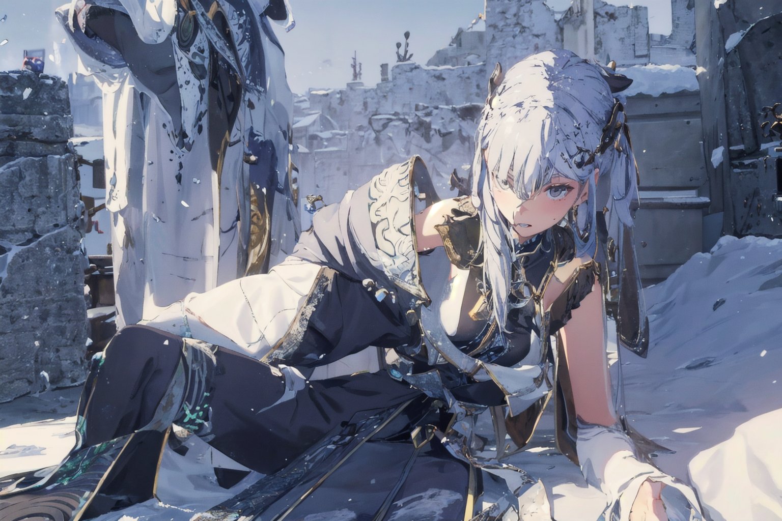 Jinhsi, 1girl, Solo, Long Silver Hair, Twin Tail Hairstyle , White Eyes, Chinese Cloth, Blushing, lie down on the snow, Cow Boy Shot, split leg, Cold wind effect, old city zone, snow season, battle field, ((Best quality)), ((masterpiece)), 3D, HDR (High Dynamic Range),Ray Tracing, NVIDIA RTX, Super-Resolution, Unreal 5,Subsurface scattering, PBR Texturing, Post-processing, Anisotropic Filtering, Depth-of-field, Maximum clarity and sharpness, Multi-layered textures, Albedo and Specular maps, Surface shading, Accurate simulation of light-material interaction, Perfect proportions, Octane Render, Two-tone lighting, Wide aperture, Low ISO, White balance, Rule of thirds,8K RAW, Aura, masterpiece, best quality, Mysterious expression, magical effects like sparkles or energy, flowing robes or enchanting attire, mechanic creatures or mystical background, rim lighting, side lighting, cinematic light, ultra high res, 8k uhd, film grain, best shadow, delicate, RAW, light particles, detailed skin texture, detailed cloth texture, beautiful face, (masterpiece), best quality, expressive eyes, perfect face,