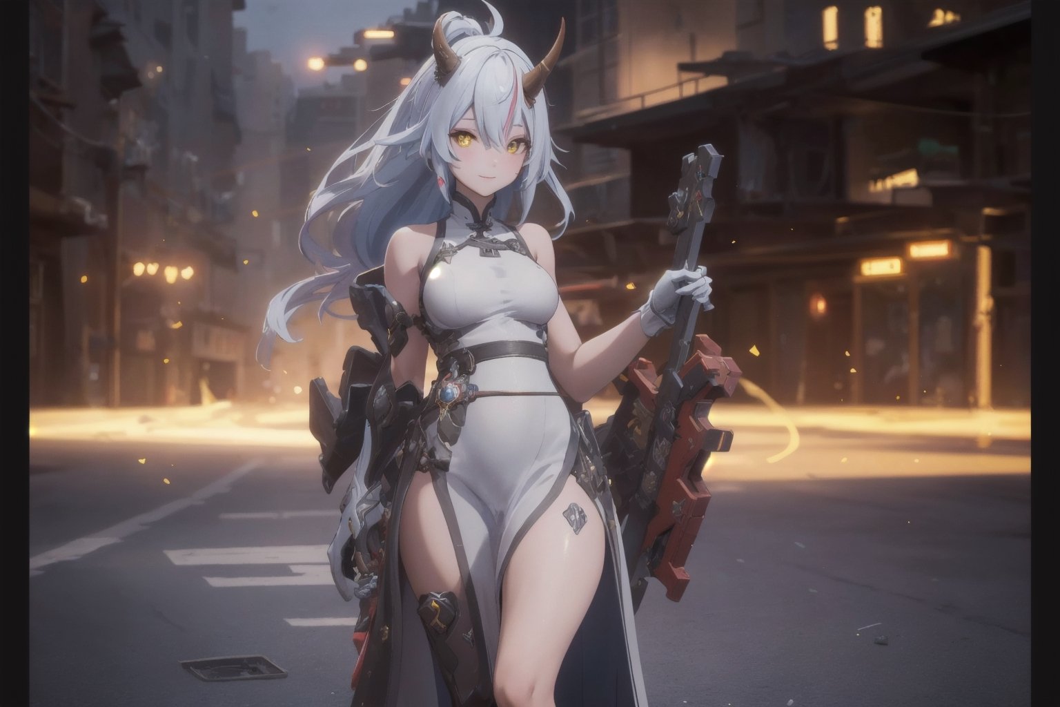an alone mature girl with long red color slice gray hair , yellow eye, standing, china city , night time, High detail mature face, 2 short mechanic horn , iron mask, bare leg, bare shoulder, white china dress, white glove, black boot, high res, ultra sharp, 8k, masterpiece, smiling, weapon, fantasy world, magical radiance background ((Best quality)), ((masterpiece)), 3D, HDR (High Dynamic Range),Ray Tracing, NVIDIA RTX, Super-Resolution, Unreal 5,Subsurface scattering, PBR Texturing, Post-processing, Anisotropic Filtering, Depth-of-field, Maximum clarity and sharpness, Multi-layered textures, Albedo and Specular maps, Surface shading, Accurate simulation of light-material interaction, Perfect proportions, Octane Render, Two-tone lighting, Wide aperture, Low ISO, White balance, Rule of thirds,8K RAW, Aura, masterpiece, best quality, Mysterious expression, magical effects like sparkles or energy, flowing robes or enchanting attire, mechanic creatures or mystical background, rim lighting, side lighting, cinematic light, ultra high res, 8k uhd, film grain, best shadow, delicate, RAW, light particles, detailed skin texture, detailed cloth texture, beautiful face, (masterpiece), best quality, expressive eyes, perfect face,mecha musume