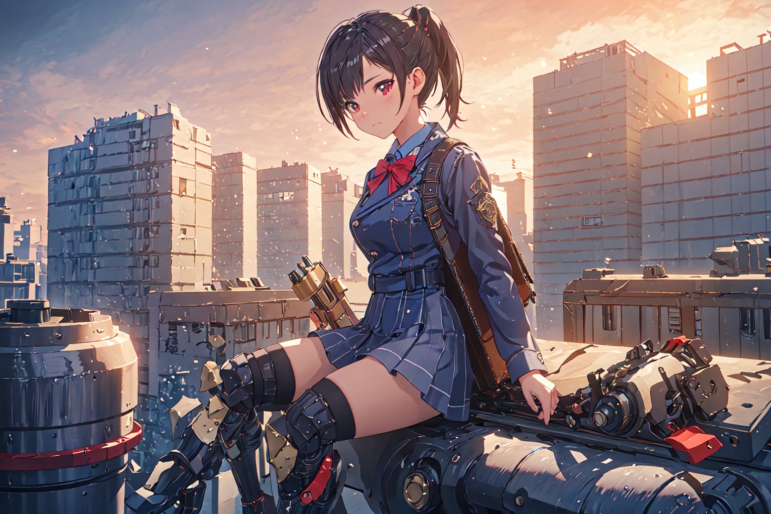 1girl, School Girl, Red Eyes, Short Ponytail black Hair, Red Ribbon, Student Uniform Outfit, Uniform Short Skirt, Kneesock , Black Stocking, Armor Thick Boot , School Bag, Left Leg Bag, Funnel, Remote Weapon, Sit on the water tank on the roof top of building, look beyond the sky , massive sky building in the background , Sunset Time, ((Best quality)), ((masterpiece)), 3D, HDR (High Dynamic Range),Ray Tracing, NVIDIA RTX, Super-Resolution, Unreal 5,Subsurface scattering, PBR Texturing, Post-processing, Anisotropic Filtering, Depth-of-field, Maximum clarity and sharpness, Multi-layered textures, Albedo and Specular maps, Surface shading, Accurate simulation of light-material interaction, Perfect proportions, Octane Render, Two-tone lighting, Wide aperture, Low ISO, White balance, Rule of thirds,8K RAW, Aura, masterpiece, best quality, Mysterious expression, magical effects like sparkles or energy, flowing robes or enchanting attire, mechanic creatures or mystical background, rim lighting, side lighting, cinematic light, ultra high res, 8k uhd, film grain, best shadow, delicate, RAW, light particles, detailed skin texture, detailed cloth texture, beautiful face, (masterpiece), best quality, expressive eyes, perfect face,