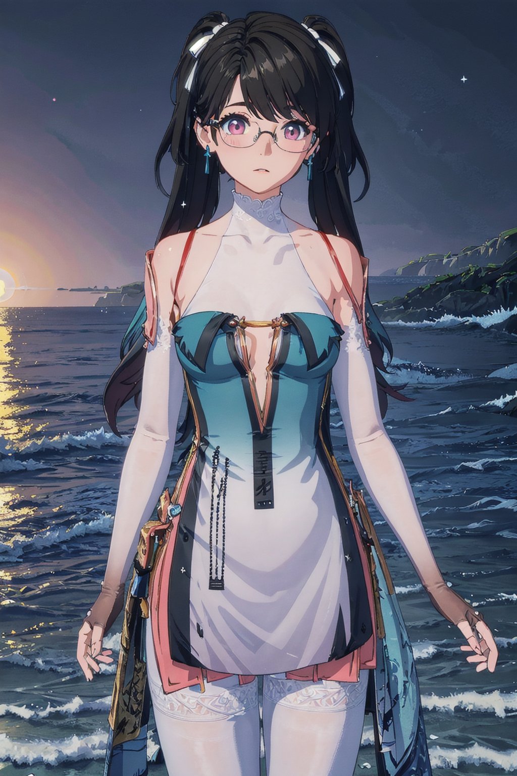 1girl, Zhenzhi, Black Hair, Long Twintail hairstyle, Twin White Ribbon on Hair ,Glasses, Pink Eyes, Chinese Dress, Bare shoulder, white Arm lenght skintight gloves ,Fullbody white leg stocking, black shoe , lie down on the beach sand, Cowboy shot, seaside beach, tourist sign around , Blue Sky , Sunset Time, ((Best quality)), ((masterpiece)), 3D, HDR (High Dynamic Range),Ray Tracing, NVIDIA RTX, Super-Resolution, Unreal 5,Subsurface scattering, PBR Texturing, Post-processing, Anisotropic Filtering, Depth-of-field, Maximum clarity and sharpness, Multi-layered textures, Albedo and Specular maps, Surface shading, Accurate simulation of light-material interaction, Perfect proportions, Octane Render, Two-tone lighting, Wide aperture, Low ISO, White balance, Rule of thirds,8K RAW, Aura, masterpiece, best quality, Mysterious expression, magical effects like sparkles or energy, flowing robes or enchanting attire, mechanic creatures or mystical background, rim lighting, side lighting, cinematic light, ultra high res, 8k uhd, film grain, best shadow, delicate, RAW, light particles, detailed skin texture, detailed cloth texture, beautiful face, (masterpiece), best quality, expressive eyes, perfect face,