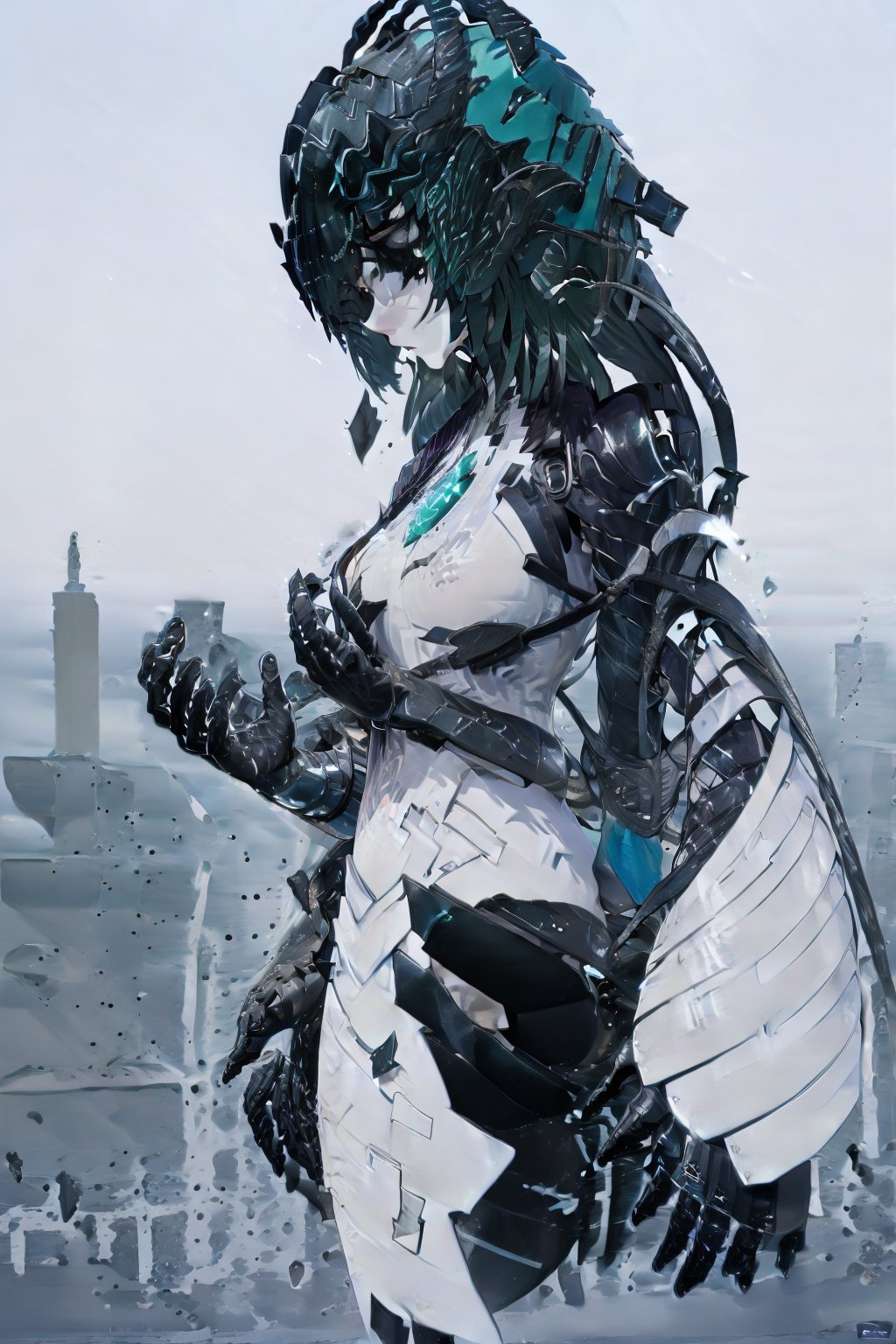 Ymir, 1girl, giant girl tall as building , Dark Green Hair, Long Tied Hairstyle, Green Eyes, Dark Headgear, black shoulder armor, black arm , White skinsuit, Black leg armor , Floating Robotc white Arml, sit down on the sand beach , split leg, cowboy shot ,full view of body, beach side, near sea , wreck of countless building, sky high building in the background, ((Best quality)), ((masterpiece)), 3D, HDR (High Dynamic Range),Ray Tracing, NVIDIA RTX, Super-Resolution, Unreal 5,Subsurface scattering, PBR Texturing, Post-processing, Anisotropic Filtering, Depth-of-field, Maximum clarity and sharpness, Multi-layered textures, Albedo and Specular maps, Surface shading, Accurate simulation of light-material interaction, Perfect proportions, Octane Render, Two-tone lighting, Wide aperture, Low ISO, White balance, Rule of thirds,8K RAW, Aura, masterpiece, best quality, Mysterious expression, magical effects like sparkles or energy, flowing robes or enchanting attire, mechanic creatures or mystical background, rim lighting, side lighting, cinematic light, ultra high res, 8k uhd, film grain, best shadow, delicate, RAW, light particles, detailed skin texture, detailed cloth texture, beautiful face, (masterpiece), best quality, expressive eyes, perfect face,Meilin,Seo Jiwoo,firefly \(honkai: star rail\)