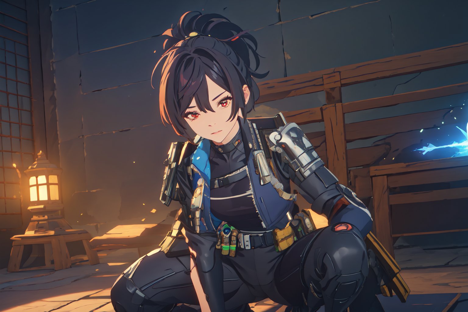 1girl, Policewoman, Zhu Yuan, Red Eyes, Ponytail Black Hair, Red Hair Strip, Hair Accessory , Blue Jacket , White Shirt, Black Rubber suit, Skinsuit, Black Leg , Shoulder Armor ,Blue Shoe, Sexy Pose, Black glove , Good Detail Hand Expresionless Face , on one knee , Cowboy Shot, split Leg, behind the cover, lift the gun ,massive sky building in the background , Sunset Time, ((Best quality)), ((masterpiece)), 3D, HDR (High Dynamic Range),Ray Tracing, NVIDIA RTX, Super-Resolution, Unreal 5,Subsurface scattering, PBR Texturing, Post-processing, Anisotropic Filtering, Depth-of-field, Maximum clarity and sharpness, Multi-layered textures, Albedo and Specular maps, Surface shading, Accurate simulation of light-material interaction, Perfect proportions, Octane Render, Two-tone lighting, Wide aperture, Low ISO, White balance, Rule of thirds,8K RAW, Aura, masterpiece, best quality, Mysterious expression, magical effects like sparkles or energy, flowing robes or enchanting attire, mechanic creatures or mystical background, rim lighting, side lighting, cinematic light, ultra high res, 8k uhd, film grain, best shadow, delicate, RAW, light particles, detailed skin texture, detailed cloth texture, beautiful face, (masterpiece), best quality, expressive eyes, perfect face,