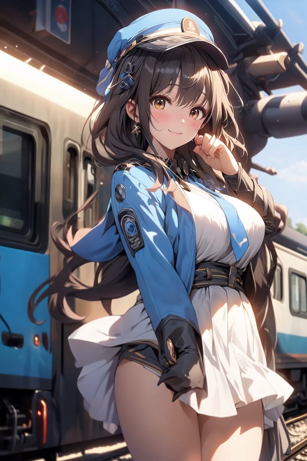 A mature waist long loose drak brown Hair style Girl with heavy machine gun , lovely smile, straw berry loli pop, blue cap, Blue jacket shirt, 5 finger, blue necktie, white shirt, white skirt, white panty, Heavy Gun, Railway, Train Station, ((Best quality)), ((masterpiece)), 3D, HDR (High Dynamic Range),Ray Tracing, NVIDIA RTX, Super-Resolution, Unreal 5,Subsurface scattering, PBR Texturing, Post-processing, Anisotropic Filtering, Depth-of-field, Maximum clarity and sharpness, Multi-layered textures, Albedo and Specular maps, Surface shading, Accurate simulation of light-material interaction, Perfect proportions, Octane Render, Two-tone lighting, Wide aperture, Low ISO, White balance, Rule of thirds,8K RAW, Aura, masterpiece, best quality, Mysterious expression, magical effects like sparkles or energy, flowing robes or enchanting attire, mechanic creatures or mystical background, rim lighting, side lighting, cinematic light, ultra high res, 8k uhd, film grain, best shadow, delicate, RAW, light particles, detailed skin texture, detailed cloth texture, beautiful face, (masterpiece), best quality, expressive eyes, perfect face,Mechanical_tentacles,momo_burlesque,diesel \(nikke\)