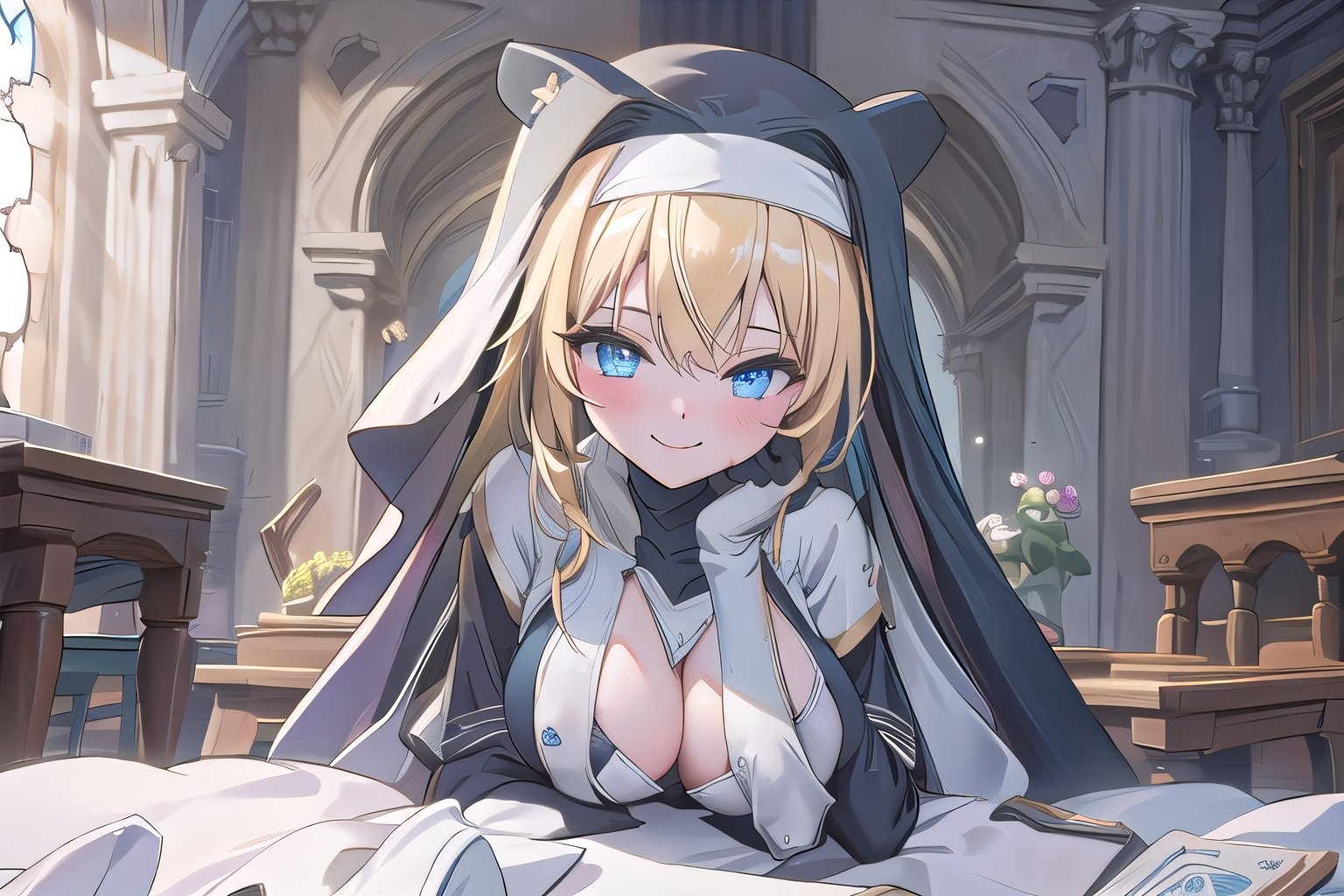 1 girl, Nun hat, long bread blond hair, blue eyes, smile, white ligerie, black armor gloves, white panty, church room, outside, white armor boot, lie down on table, 8k, high res, , 2 hands, bare leg, bare, nun garb, chest, big chest, big breast, ,High detailed ,phRem,phyami