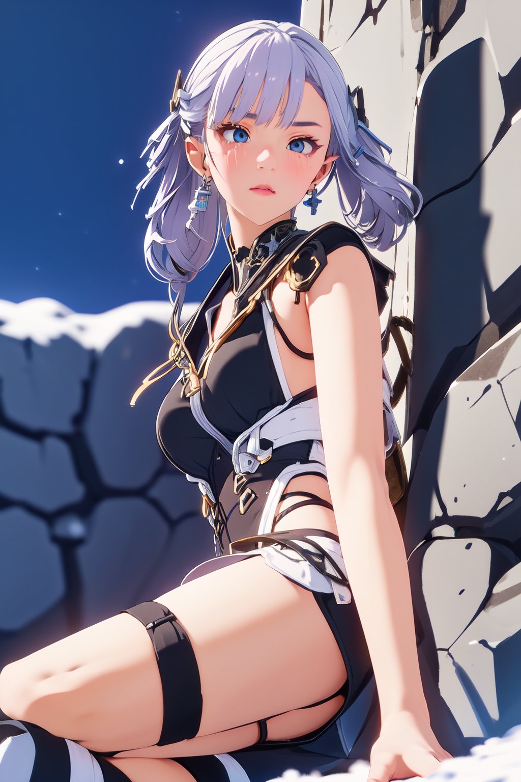 Jinhsi, 1girl, Solo, Long Silver Hair, Twin Tail Hairstyle , White Eyes, Swimsuit, Blushing, lie down on the snow, Cow Boy Shot, split leg, Cold wind effect, old city zone, snow season, battle field, ((Best quality)), ((masterpiece)), 3D, HDR (High Dynamic Range),Ray Tracing, NVIDIA RTX, Super-Resolution, Unreal 5,Subsurface scattering, PBR Texturing, Post-processing, Anisotropic Filtering, Depth-of-field, Maximum clarity and sharpness, Multi-layered textures, Albedo and Specular maps, Surface shading, Accurate simulation of light-material interaction, Perfect proportions, Octane Render, Two-tone lighting, Wide aperture, Low ISO, White balance, Rule of thirds,8K RAW, Aura, masterpiece, best quality, Mysterious expression, magical effects like sparkles or energy, flowing robes or enchanting attire, mechanic creatures or mystical background, rim lighting, side lighting, cinematic light, ultra high res, 8k uhd, film grain, best shadow, delicate, RAW, light particles, detailed skin texture, detailed cloth texture, beautiful face, (masterpiece), best quality, expressive eyes, perfect face,