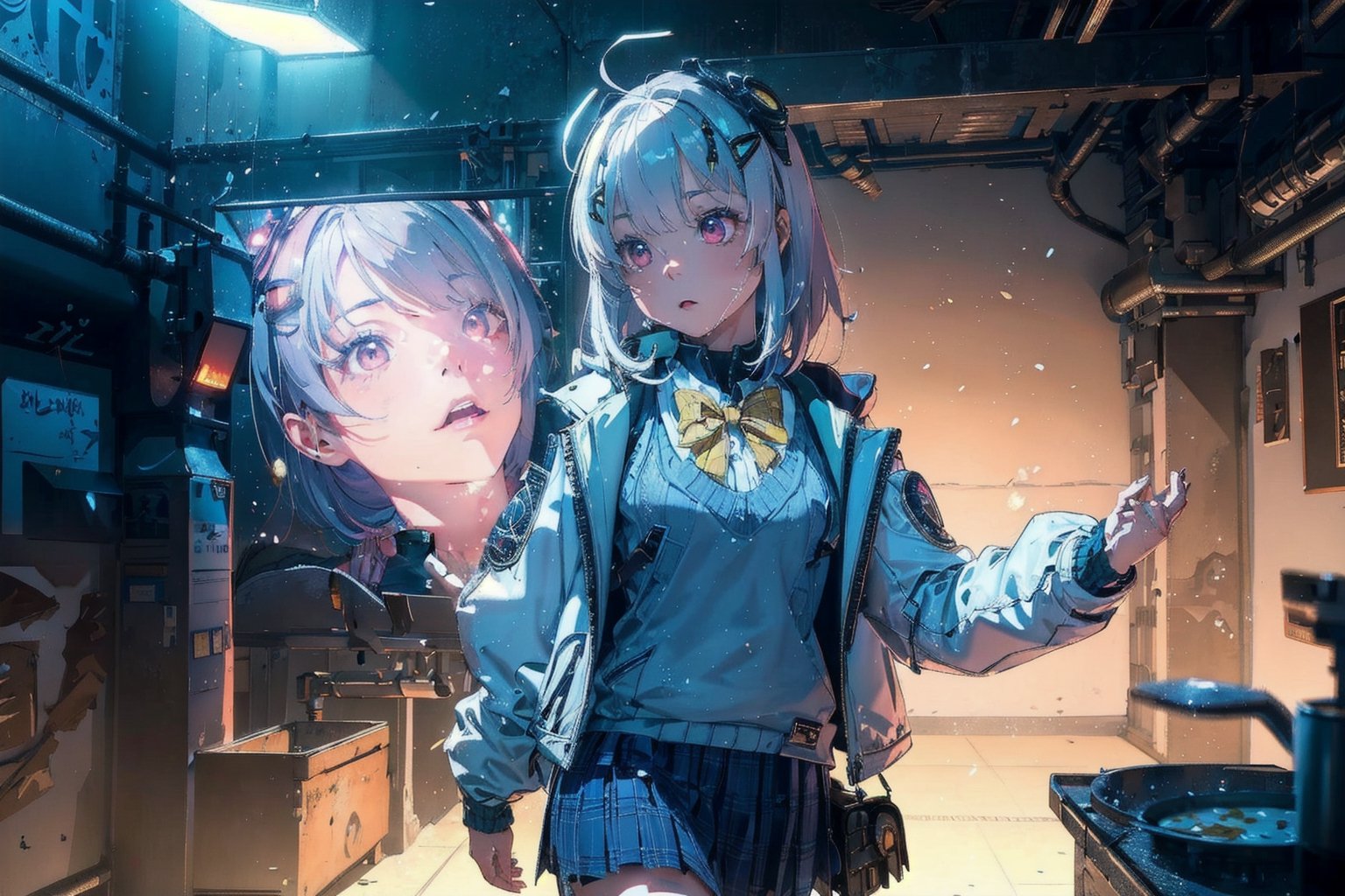 A Girl ,  Silver Hair, Pink Eyes, nikkeadmi , pleated skirt, plaid, hair ornament, sweater vest, white jacket, yellow bowtie, backpack, white socks, Dining Hall , School , City , ((Best quality)), ((masterpiece)), 3D, HDR (High Dynamic Range),Ray Tracing, NVIDIA RTX, Super-Resolution, Unreal 5,Subsurface scattering, PBR Texturing, Post-processing, Anisotropic Filtering, Depth-of-field, Maximum clarity and sharpness, Multi-layered textures, Albedo and Specular maps, Surface shading, Accurate simulation of light-material interaction, Perfect proportions, Octane Render, Two-tone lighting, Wide aperture, Low ISO, White balance, Rule of thirds,8K RAW, Aura, masterpiece, best quality, Mysterious expression, magical effects like sparkles or energy, flowing robes or enchanting attire, mechanic creatures or mystical background, rim lighting, side lighting, cinematic light, ultra high res, 8k uhd, film grain, best shadow, delicate, RAW, light particles, detailed skin texture, detailed cloth texture, beautiful face, (masterpiece), best quality, expressive eyes, perfect face,nikkeredhood,hair over one eye,marian,Scarlet (nikke),hellsparadise style,fuyumi,exiadef,tove,NIKKE GODDESS OF VICTORY, headgear,SnowWonder,momo_burlesque,juliadef,nikkeadmi
