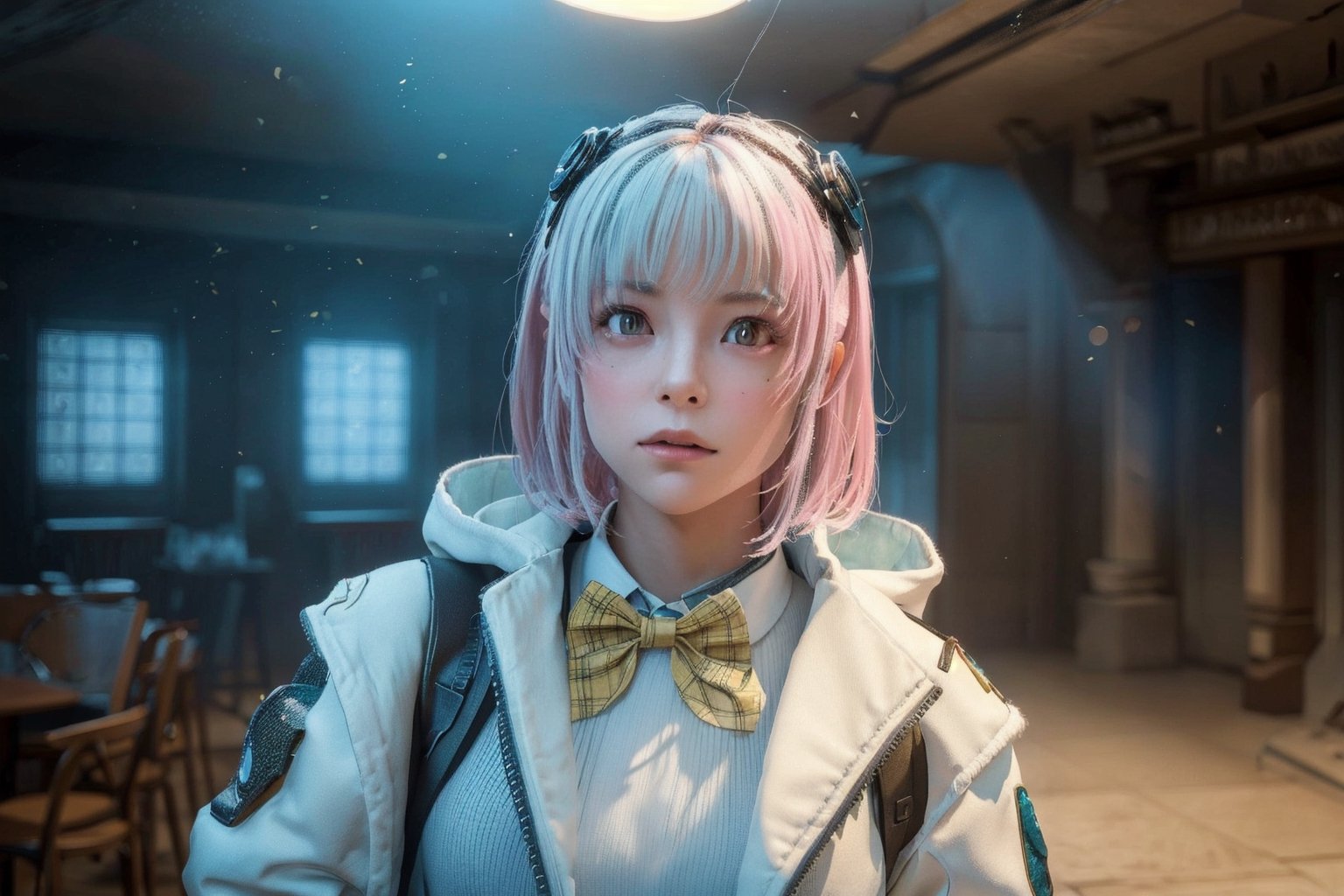 A Girl ,  Silver Hair, Pink Eyes, nikkeadmi , pleated skirt, plaid, hair ornament, sweater vest, white jacket, yellow bowtie, backpack, white socks, Dining Hall , School , City , ((Best quality)), ((masterpiece)), 3D, HDR (High Dynamic Range),Ray Tracing, NVIDIA RTX, Super-Resolution, Unreal 5,Subsurface scattering, PBR Texturing, Post-processing, Anisotropic Filtering, Depth-of-field, Maximum clarity and sharpness, Multi-layered textures, Albedo and Specular maps, Surface shading, Accurate simulation of light-material interaction, Perfect proportions, Octane Render, Two-tone lighting, Wide aperture, Low ISO, White balance, Rule of thirds,8K RAW, Aura, masterpiece, best quality, Mysterious expression, magical effects like sparkles or energy, flowing robes or enchanting attire, mechanic creatures or mystical background, rim lighting, side lighting, cinematic light, ultra high res, 8k uhd, film grain, best shadow, delicate, RAW, light particles, detailed skin texture, detailed cloth texture, beautiful face, (masterpiece), best quality, expressive eyes, perfect face,nikkeredhood,hair over one eye,marian,Scarlet (nikke),hellsparadise style,fuyumi,exiadef,tove,NIKKE GODDESS OF VICTORY, headgear,SnowWonder,momo_burlesque,juliadef,nikkeadmi