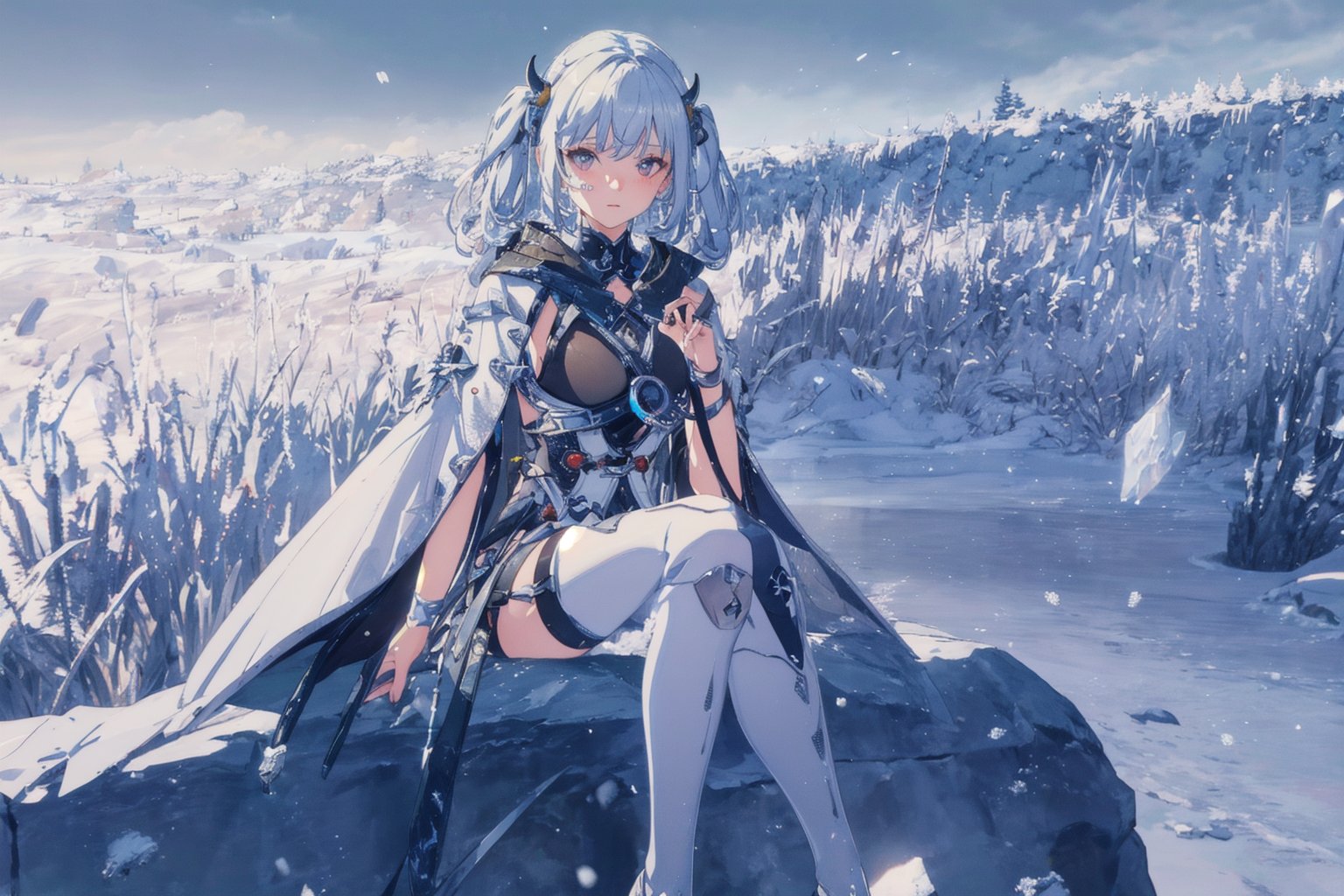 Jinhsi, 1girl, Solo, Long Silver Hair, Twin Tail Hairstyle , White Eyes, White Robe, Black Cloth, White Skirt, Long White boot, Blushing, Sit on the snow, Cow Boy Shot, Cold wind effect, old city zone, snow season, battle field, ((Best quality)), ((masterpiece)), 3D, HDR (High Dynamic Range),Ray Tracing, NVIDIA RTX, Super-Resolution, Unreal 5,Subsurface scattering, PBR Texturing, Post-processing, Anisotropic Filtering, Depth-of-field, Maximum clarity and sharpness, Multi-layered textures, Albedo and Specular maps, Surface shading, Accurate simulation of light-material interaction, Perfect proportions, Octane Render, Two-tone lighting, Wide aperture, Low ISO, White balance, Rule of thirds,8K RAW, Aura, masterpiece, best quality, Mysterious expression, magical effects like sparkles or energy, flowing robes or enchanting attire, mechanic creatures or mystical background, rim lighting, side lighting, cinematic light, ultra high res, 8k uhd, film grain, best shadow, delicate, RAW, light particles, detailed skin texture, detailed cloth texture, beautiful face, (masterpiece), best quality, expressive eyes, perfect face,