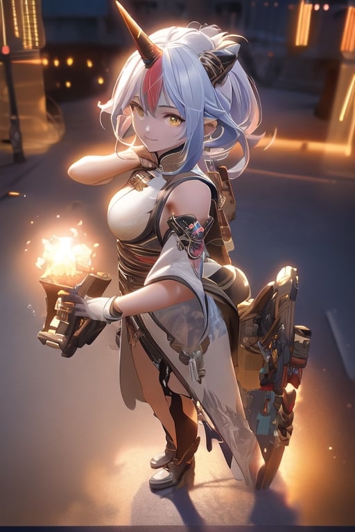 an alone girl with long red color slice gray hair , yellow eye, standing, china city , night time, High detail mature face, 2 short mechanic horn , iron mask, bare leg, bare shoulder, white china dress, white glove, black boot, high res, ultra sharp, 8k, masterpiece, smiling, assault rifle on the girl side, fantasy world, magical radiance background ((Best quality)), ((masterpiece)), 3D, HDR (High Dynamic Range),Ray Tracing, NVIDIA RTX, Super-Resolution, Unreal 5,Subsurface scattering, PBR Texturing, Post-processing, Anisotropic Filtering, Depth-of-field, Maximum clarity and sharpness, Multi-layered textures, Albedo and Specular maps, Surface shading, Accurate simulation of light-material interaction, Perfect proportions, Octane Render, Two-tone lighting, Wide aperture, Low ISO, White balance, Rule of thirds,8K RAW, Aura, masterpiece, best quality, Mysterious expression, magical effects like sparkles or energy, flowing robes or enchanting attire, mechanic creatures or mystical background, rim lighting, side lighting, cinematic light, ultra high res, 8k uhd, film grain, best shadow, delicate, RAW, light particles, detailed skin texture, detailed cloth texture, beautiful face, (masterpiece), best quality, expressive eyes, perfect face,
