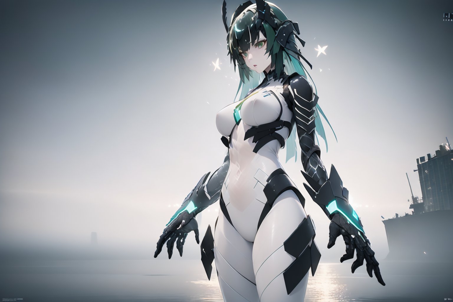 Ymir, 1girl, giant girl tall as building , Dark Green Hair, Long Tied Hairstyle, Green Eyes, Dark Headgear cover half-face, black shoulder armor, black arm , White skinsuit, Black leg armor , Exo Suit, Extra Separated Big Robot Arm on both Size, sit down on the sand beach , split leg, cowboy shot ,full view of body, beach side, near sea , wreck of countless building, sky high building in the background, ((Best quality)), ((masterpiece)), 3D, HDR (High Dynamic Range),Ray Tracing, NVIDIA RTX, Super-Resolution, Unreal 5,Subsurface scattering, PBR Texturing, Post-processing, Anisotropic Filtering, Depth-of-field, Maximum clarity and sharpness, Multi-layered textures, Albedo and Specular maps, Surface shading, Accurate simulation of light-material interaction, Perfect proportions, Octane Render, Two-tone lighting, Wide aperture, Low ISO, White balance, Rule of thirds,8K RAW, Aura, masterpiece, best quality, Mysterious expression, magical effects like sparkles or energy, flowing robes or enchanting attire, mechanic creatures or mystical background, rim lighting, side lighting, cinematic light, ultra high res, 8k uhd, film grain, best shadow, delicate, RAW, light particles, detailed skin texture, detailed cloth texture, beautiful face, (masterpiece), best quality, expressive eyes, perfect face,Meilin,Seo Jiwoo,firefly \(honkai: star rail\)