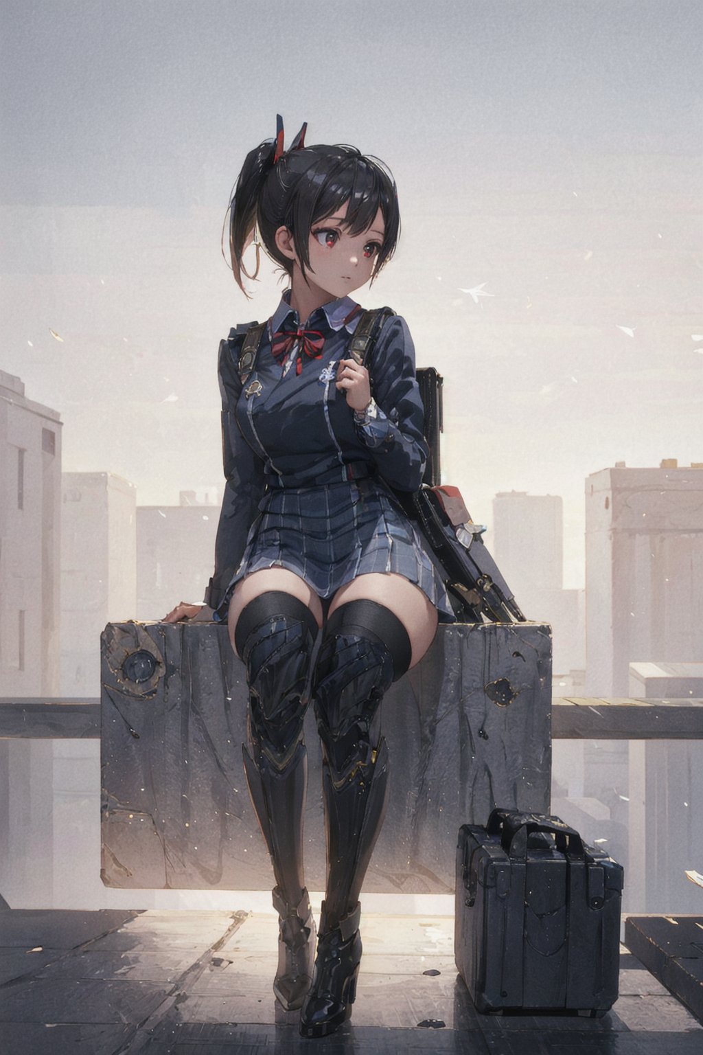 1girl, School Girl, Red Eyes, Short Ponytail black Hair, Red Ribbon, Student Uniform Outfit, Uniform Short Skirt, Kneesock , Black Stocking, Armor Thick Boot , School Bag, Left Leg Bag, Funnel, Remote Weapon, Sit on the water tank on the roof top of building, look beyond the sky , massive sky building in the background , Sunset Time, ((Best quality)), ((masterpiece)), 3D, HDR (High Dynamic Range),Ray Tracing, NVIDIA RTX, Super-Resolution, Unreal 5,Subsurface scattering, PBR Texturing, Post-processing, Anisotropic Filtering, Depth-of-field, Maximum clarity and sharpness, Multi-layered textures, Albedo and Specular maps, Surface shading, Accurate simulation of light-material interaction, Perfect proportions, Octane Render, Two-tone lighting, Wide aperture, Low ISO, White balance, Rule of thirds,8K RAW, Aura, masterpiece, best quality, Mysterious expression, magical effects like sparkles or energy, flowing robes or enchanting attire, mechanic creatures or mystical background, rim lighting, side lighting, cinematic light, ultra high res, 8k uhd, film grain, best shadow, delicate, RAW, light particles, detailed skin texture, detailed cloth texture, beautiful face, (masterpiece), best quality, expressive eyes, perfect face,