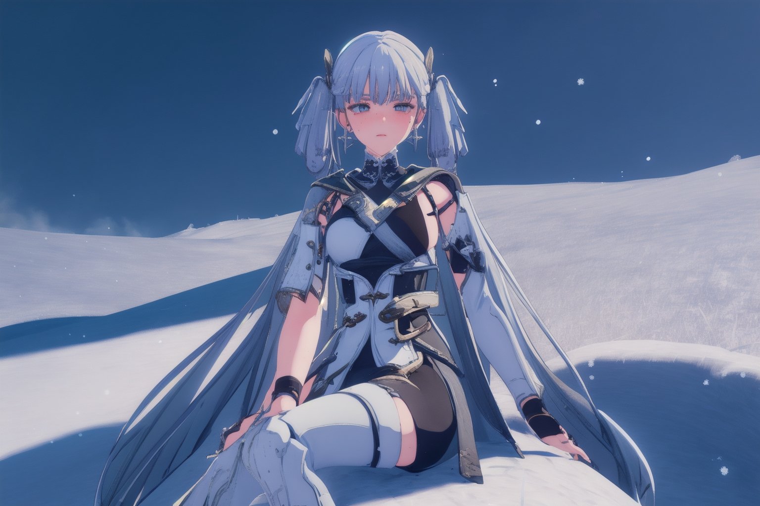 Jinhsi, 1girl, Solo, Long Silver Hair, Twin Tail Hairstyle , White Eyes, White Robe, Black Cloth, White Skirt, Long White boot, Blushing, Sit on the snow, Cow Boy Shot, Cold wind effect, old city zone, snow season, battle field, ((Best quality)), ((masterpiece)), 3D, HDR (High Dynamic Range),Ray Tracing, NVIDIA RTX, Super-Resolution, Unreal 5,Subsurface scattering, PBR Texturing, Post-processing, Anisotropic Filtering, Depth-of-field, Maximum clarity and sharpness, Multi-layered textures, Albedo and Specular maps, Surface shading, Accurate simulation of light-material interaction, Perfect proportions, Octane Render, Two-tone lighting, Wide aperture, Low ISO, White balance, Rule of thirds,8K RAW, Aura, masterpiece, best quality, Mysterious expression, magical effects like sparkles or energy, flowing robes or enchanting attire, mechanic creatures or mystical background, rim lighting, side lighting, cinematic light, ultra high res, 8k uhd, film grain, best shadow, delicate, RAW, light particles, detailed skin texture, detailed cloth texture, beautiful face, (masterpiece), best quality, expressive eyes, perfect face,