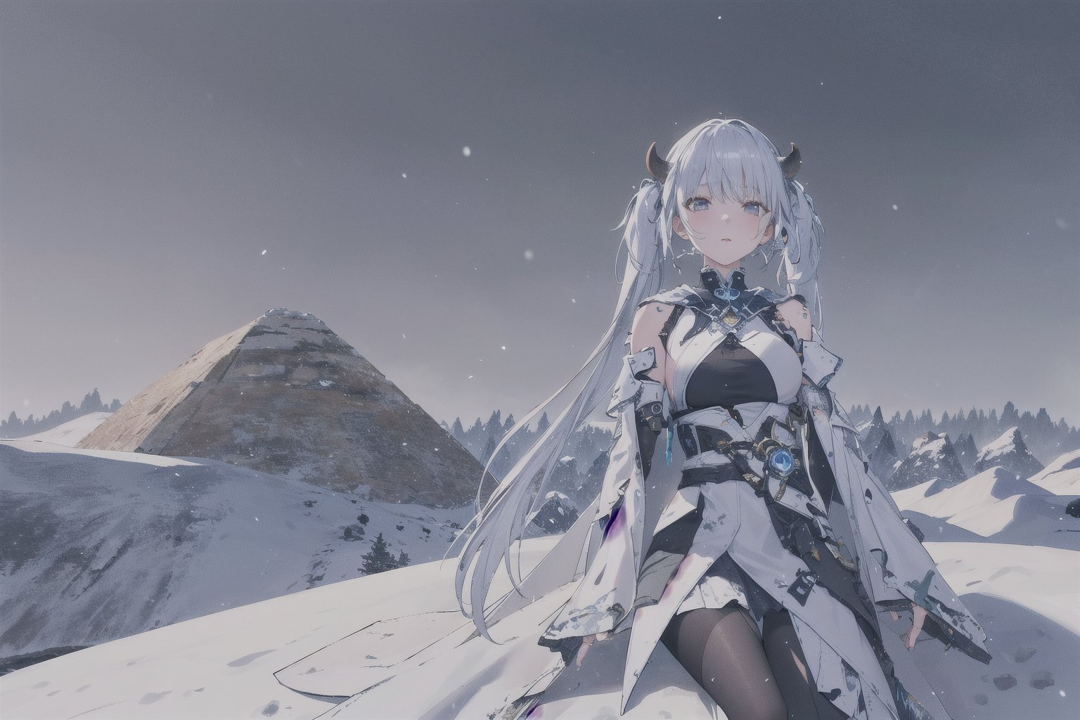 Jinhsi, 1girl, Solo, Long Silver Hair, Twin Tail Hairstyle , White Eyes, White Robe, Black Cloth, White Skirt, Long White boot, Blushing, Sit on the snow, Cow Boy Shot, Cold wind effect, old city zone, snow season, battle field, ((Best quality)), ((masterpiece)), 3D, HDR (High Dynamic Range),Ray Tracing, NVIDIA RTX, Super-Resolution, Unreal 5,Subsurface scattering, PBR Texturing, Post-processing, Anisotropic Filtering, Depth-of-field, Maximum clarity and sharpness, Multi-layered textures, Albedo and Specular maps, Surface shading, Accurate simulation of light-material interaction, Perfect proportions, Octane Render, Two-tone lighting, Wide aperture, Low ISO, White balance, Rule of thirds,8K RAW, Aura, masterpiece, best quality, Mysterious expression, magical effects like sparkles or energy, flowing robes or enchanting attire, mechanic creatures or mystical background, rim lighting, side lighting, cinematic light, ultra high res, 8k uhd, film grain, best shadow, delicate, RAW, light particles, detailed skin texture, detailed cloth texture, beautiful face, (masterpiece), best quality, expressive eyes, perfect face,