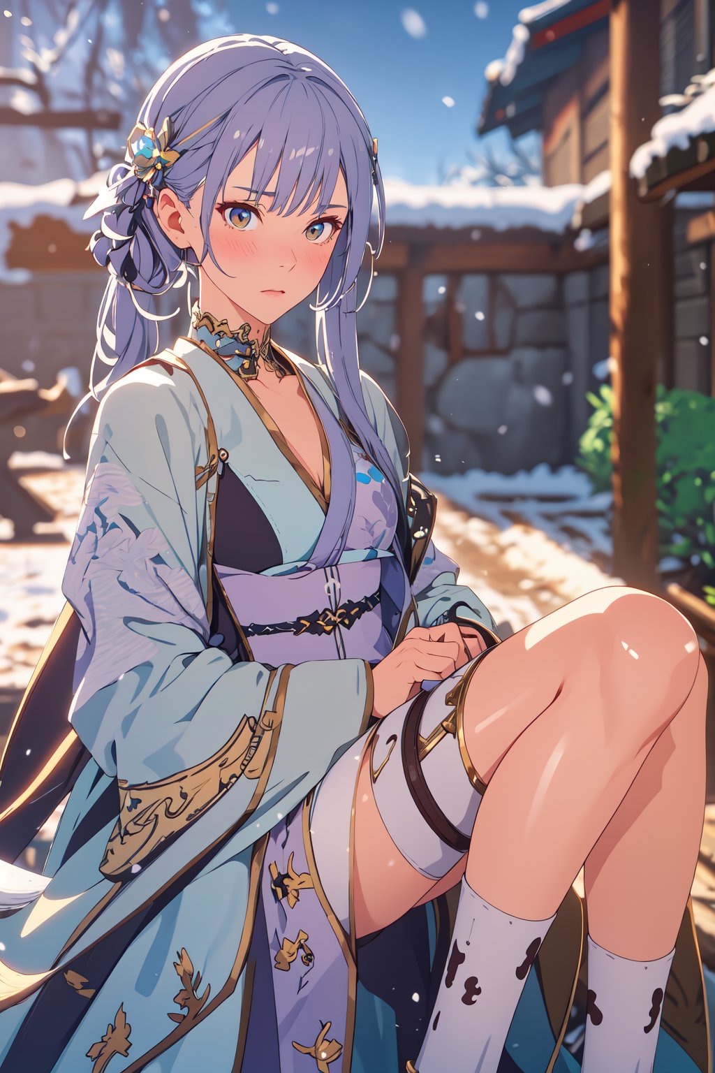 Jinhsi, 1girl, Solo, Long Silver Hair, Twin Tail Hairstyle , White Eyes, Chinese Cloth, Blushing, lie down on the snow, Cow Boy Shot, split leg, Cold wind effect, old city zone, snow season, battle field, ((Best quality)), ((masterpiece)), 3D, HDR (High Dynamic Range),Ray Tracing, NVIDIA RTX, Super-Resolution, Unreal 5,Subsurface scattering, PBR Texturing, Post-processing, Anisotropic Filtering, Depth-of-field, Maximum clarity and sharpness, Multi-layered textures, Albedo and Specular maps, Surface shading, Accurate simulation of light-material interaction, Perfect proportions, Octane Render, Two-tone lighting, Wide aperture, Low ISO, White balance, Rule of thirds,8K RAW, Aura, masterpiece, best quality, Mysterious expression, magical effects like sparkles or energy, flowing robes or enchanting attire, mechanic creatures or mystical background, rim lighting, side lighting, cinematic light, ultra high res, 8k uhd, film grain, best shadow, delicate, RAW, light particles, detailed skin texture, detailed cloth texture, beautiful face, (masterpiece), best quality, expressive eyes, perfect face,