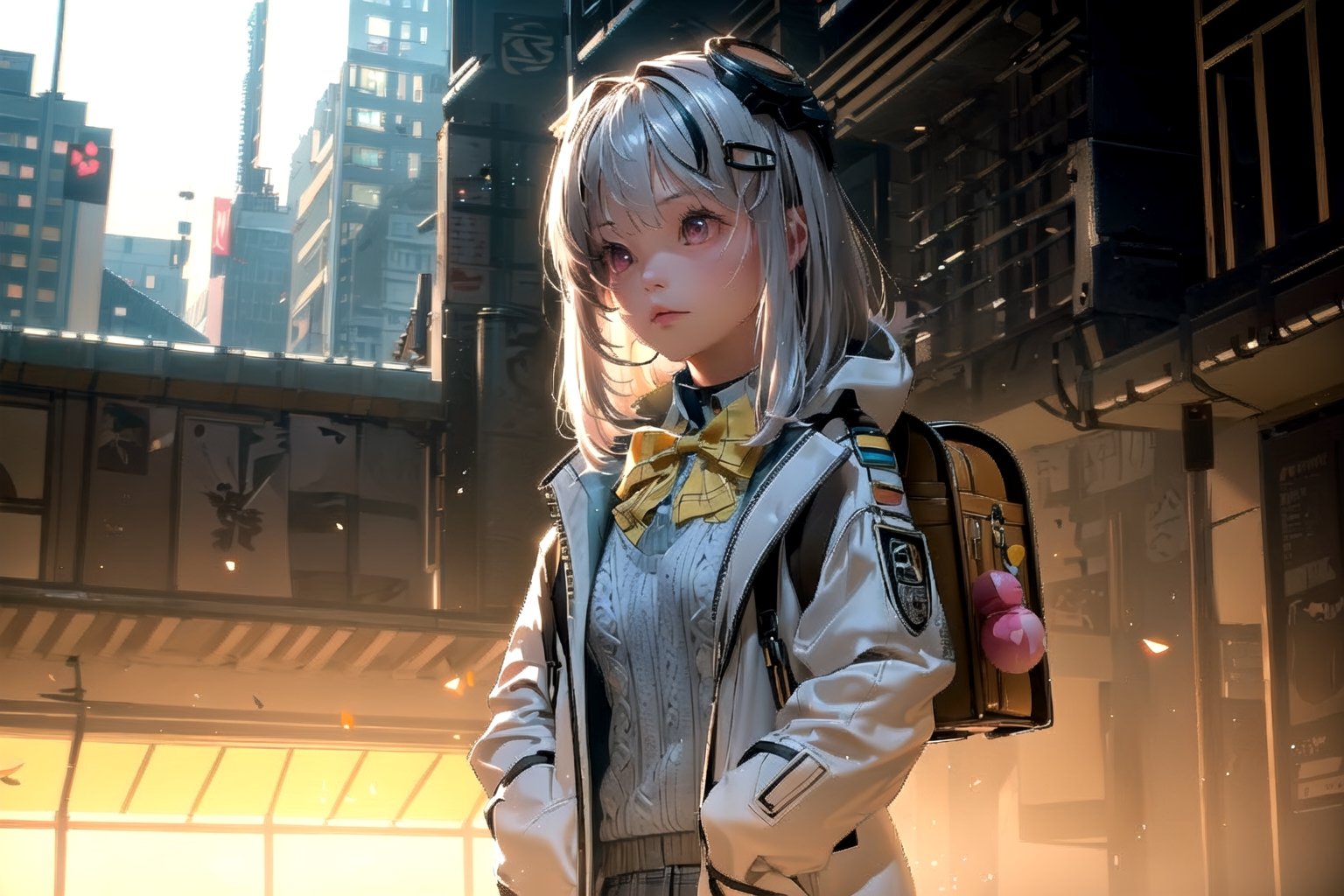 A Girl ,  Silver Hair, Pink Eyes, nikkeadmi , pleated skirt, plaid, hair ornament, sweater vest, white jacket, yellow bowtie, backpack, white socks, Dining Hall , School , City , ((Best quality)), ((masterpiece)), 3D, HDR (High Dynamic Range),Ray Tracing, NVIDIA RTX, Super-Resolution, Unreal 5,Subsurface scattering, PBR Texturing, Post-processing, Anisotropic Filtering, Depth-of-field, Maximum clarity and sharpness, Multi-layered textures, Albedo and Specular maps, Surface shading, Accurate simulation of light-material interaction, Perfect proportions, Octane Render, Two-tone lighting, Wide aperture, Low ISO, White balance, Rule of thirds,8K RAW, Aura, masterpiece, best quality, Mysterious expression, magical effects like sparkles or energy, flowing robes or enchanting attire, mechanic creatures or mystical background, rim lighting, side lighting, cinematic light, ultra high res, 8k uhd, film grain, best shadow, delicate, RAW, light particles, detailed skin texture, detailed cloth texture, beautiful face, (masterpiece), best quality, expressive eyes, perfect face,nikkeredhood,hair over one eye,marian,Scarlet (nikke),hellsparadise style,fuyumi,exiadef,tove,NIKKE GODDESS OF VICTORY, headgear,SnowWonder,momo_burlesque,juliadef,nikkeadmi