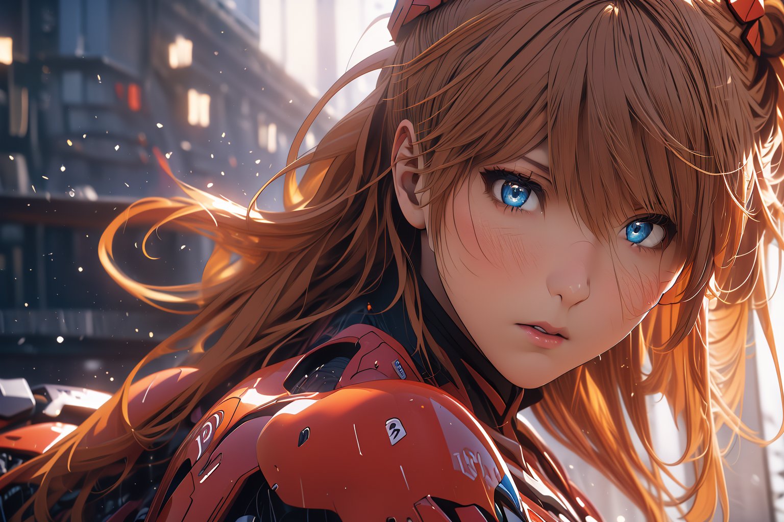 Asuka, 1girl, Blue Eyes, Red Skinsuit, Red Rubbersuit, Orange Hair , Angry Face , Annoying Face,  Cold Glint Eyes, Look down face, Face Close Up , ((Best quality)), ((masterpiece)), 3D, HDR (High Dynamic Range),Ray Tracing, NVIDIA RTX, Super-Resolution, Unreal 5,Subsurface scattering, PBR Texturing, Post-processing, Anisotropic Filtering, Depth-of-field, Maximum clarity and sharpness, Multi-layered textures, Albedo and Specular maps, Surface shading, Accurate simulation of light-material interaction, Perfect proportions, Octane Render, Two-tone lighting, Wide aperture, Low ISO, White balance, Rule of thirds,8K RAW, Aura, masterpiece, best quality, Mysterious expression, magical effects like sparkles or energy, flowing robes or enchanting attire, mechanic creatures or mystical background, rim lighting, side lighting, cinematic light, ultra high res, 8k uhd, film grain, best shadow, delicate, RAW, light particles, detailed skin texture, detailed cloth texture, beautiful face, (masterpiece), best quality, expressive eyes, perfect face,