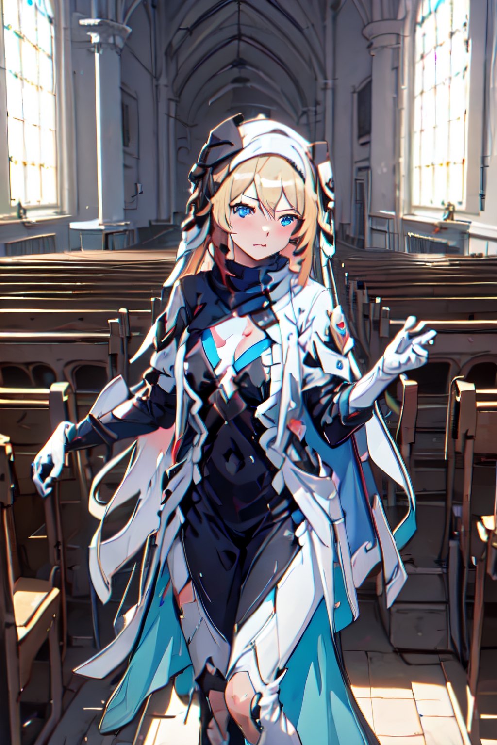 1 girl, long bread hair, blond hair color, blue eye,  black glove, church room, outside, 8k, high res, , High detailed ,phRem,phyami,long hair