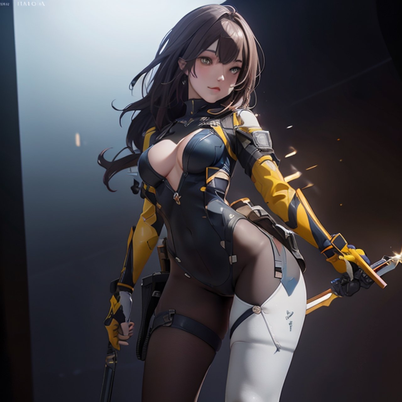 A lone mature girl, Waist long light brownr hair, , Gold eyes, yellow eyes, Beautiful face, masterpiece, best quality, expressive eyes, perfect face,clear headgear, Short sword, , white rubber skin tight suit, yellow glove, full leg white stocking, exposed chest, ((masterpiece)), 3D, HDR (High Dynamic Range),Ray Tracing, NVIDIA RTX, Super-Resolution, Unreal 5,Subsurface scattering, PBR Texturing, Post-processing, Anisotropic Filtering, Depth-of-field, Maximum clarity and sharpness, Multi-layered textures, Albedo and Specular maps, Surface shading, Accurate simulation of light-material interaction, Perfect proportions, Octane Render, Two-tone lighting, Wide aperture, Low ISO, White balance, Rule of thirds,8K RAW, Aura, masterpiece, best quality, Mysterious expression, magical effects like sparkles or energy, flowing robes or enchanting attire, mechanic creatures or mystical background, rim lighting, side lighting, cinematic light, ultra high res, 8k uhd, film grain, best shadow, delicate, RAW, light particles, detailed skin texture, detailed cloth texture, 