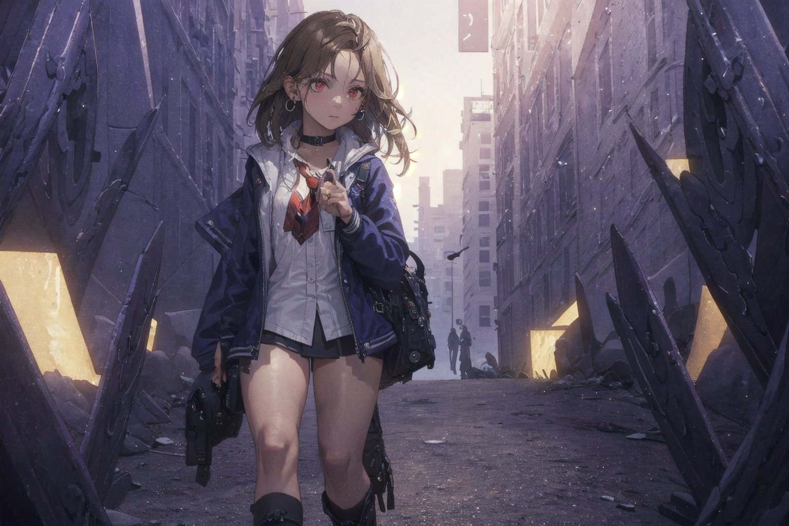 1girl, School Girl, Red Eyes, Long Dark Blond Hair, Black Collar, Earring, White Shirt , Dark Blue Jacket , Red Necktie, Uniform Short Skirt, Kneesock , Black Thick Boot , School Bag, Left Leg Bag, Funnel, Remote Weapon, Walking in the market, City, Cafe , Night Time, ((Best quality)), ((masterpiece)), 3D, HDR (High Dynamic Range),Ray Tracing, NVIDIA RTX, Super-Resolution, Unreal 5,Subsurface scattering, PBR Texturing, Post-processing, Anisotropic Filtering, Depth-of-field, Maximum clarity and sharpness, Multi-layered textures, Albedo and Specular maps, Surface shading, Accurate simulation of light-material interaction, Perfect proportions, Octane Render, Two-tone lighting, Wide aperture, Low ISO, White balance, Rule of thirds,8K RAW, Aura, masterpiece, best quality, Mysterious expression, magical effects like sparkles or energy, flowing robes or enchanting attire, mechanic creatures or mystical background, rim lighting, side lighting, cinematic light, ultra high res, 8k uhd, film grain, best shadow, delicate, RAW, light particles, detailed skin texture, detailed cloth texture, beautiful face, (masterpiece), best quality, expressive eyes, perfect face,