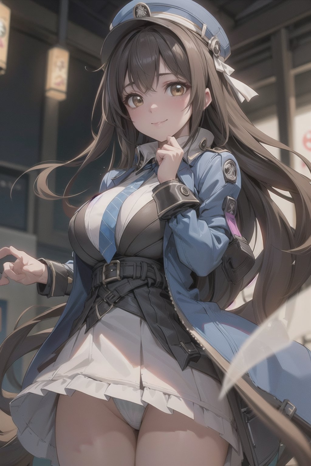 A mature waist long loose drak brown Hair style Girl with heavy machine gun , lovely smile, straw berry loli pop, blue cap, Blue jacket shirt, 5 finger, blue necktie, white shirt, white skirt, white panty, Heavy Gun, Railway, Train Station, ((Best quality)), ((masterpiece)), 3D, HDR (High Dynamic Range),Ray Tracing, NVIDIA RTX, Super-Resolution, Unreal 5,Subsurface scattering, PBR Texturing, Post-processing, Anisotropic Filtering, Depth-of-field, Maximum clarity and sharpness, Multi-layered textures, Albedo and Specular maps, Surface shading, Accurate simulation of light-material interaction, Perfect proportions, Octane Render, Two-tone lighting, Wide aperture, Low ISO, White balance, Rule of thirds,8K RAW, Aura, masterpiece, best quality, Mysterious expression, magical effects like sparkles or energy, flowing robes or enchanting attire, mechanic creatures or mystical background, rim lighting, side lighting, cinematic light, ultra high res, 8k uhd, film grain, best shadow, delicate, RAW, light particles, detailed skin texture, detailed cloth texture, beautiful face, (masterpiece), best quality, expressive eyes, perfect face,Mechanical_tentacles,momo_burlesque,diesel \(nikke\)